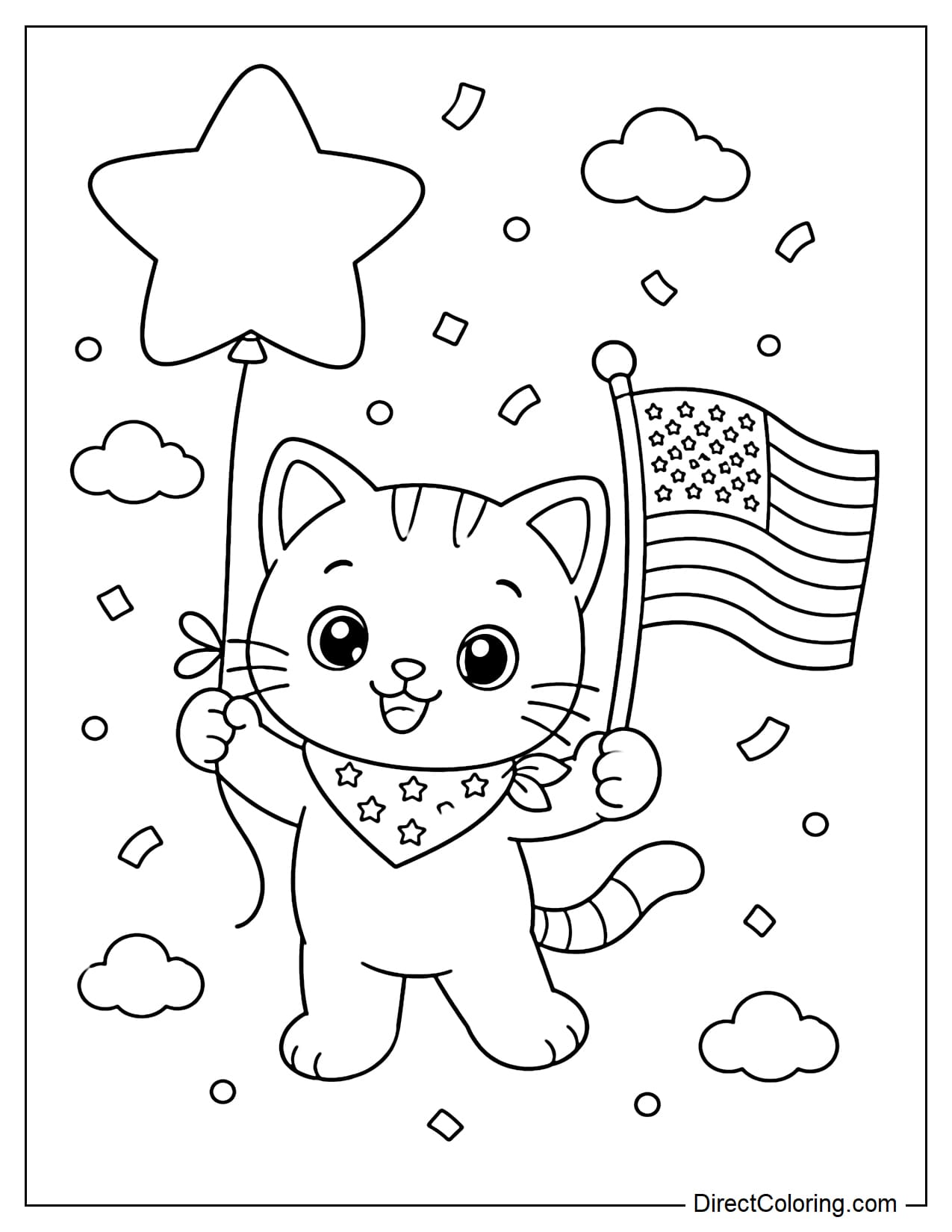 A cute kitten is holding a string of star-shaped balloons and an American flag, surrounded by small clouds and confetti.
