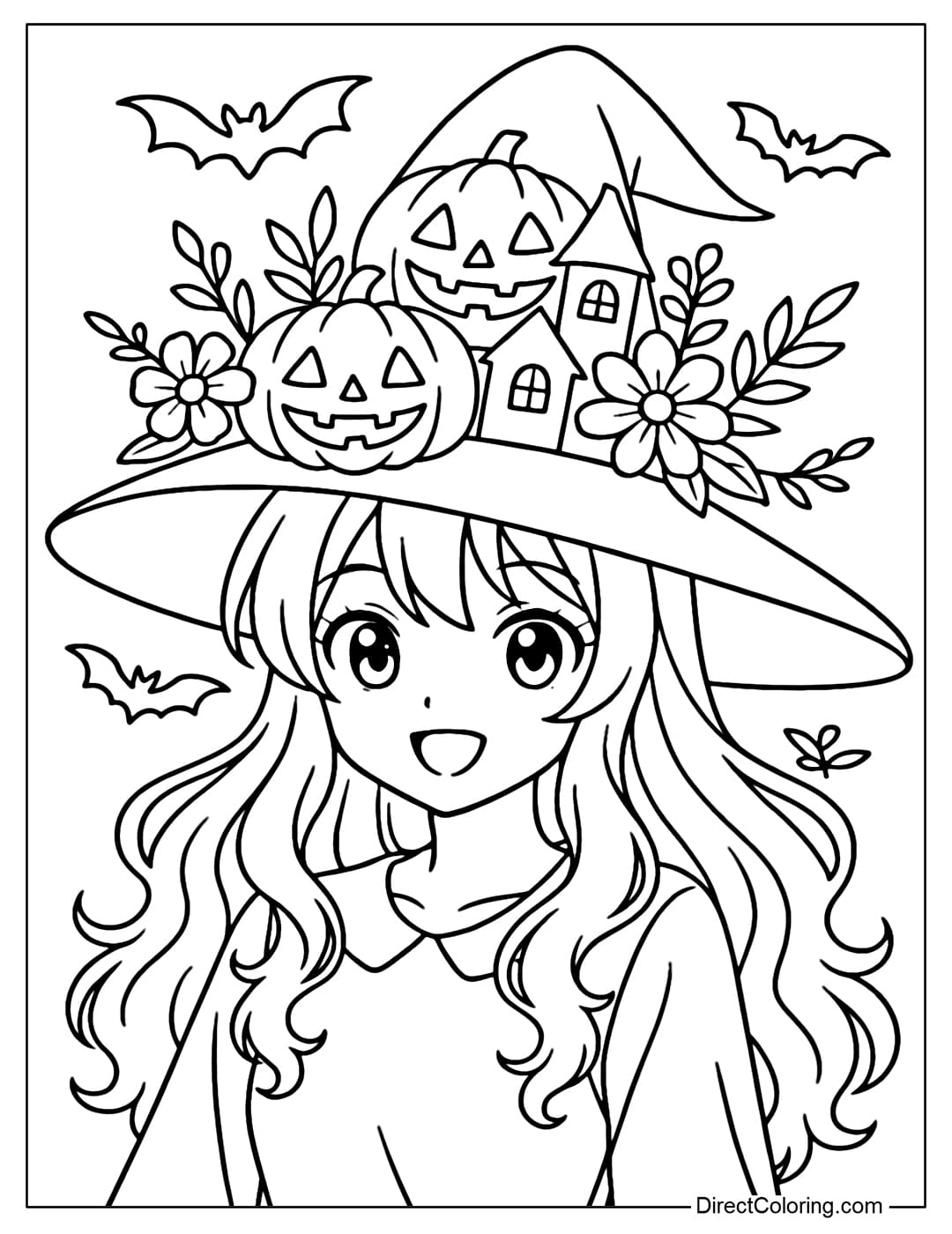 A cute anime witch girl coloring page, long curly hair, wearing a witch hat decorated with Halloween details.