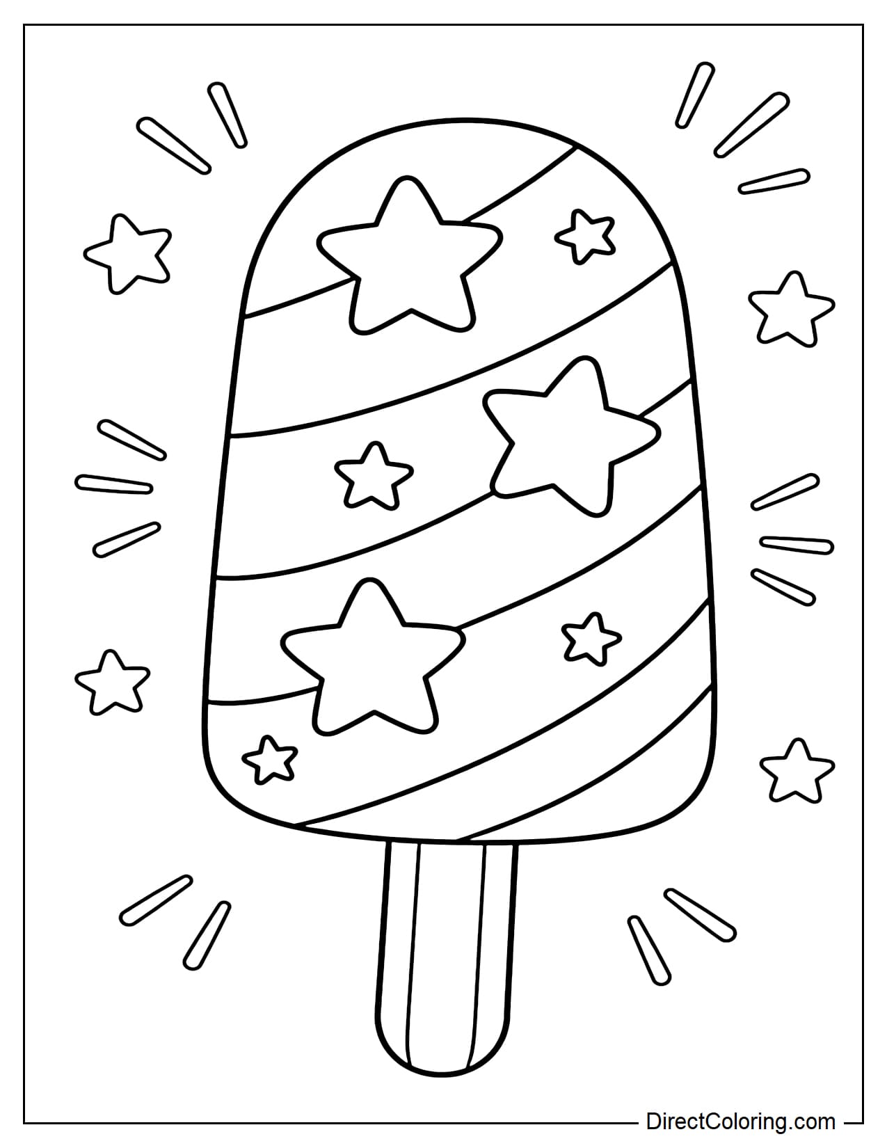 A large popsicle decorated with fun stars and stripes inspired by July, surrounded by small stars and rays of light.