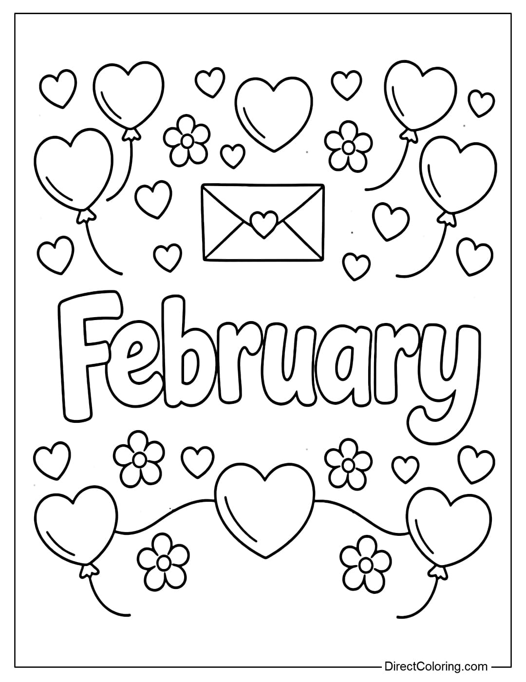 Coloring page of the word February surrounded by repeating patterns of hearts, envelopes, small flowers, and heart-shaped balloons.
