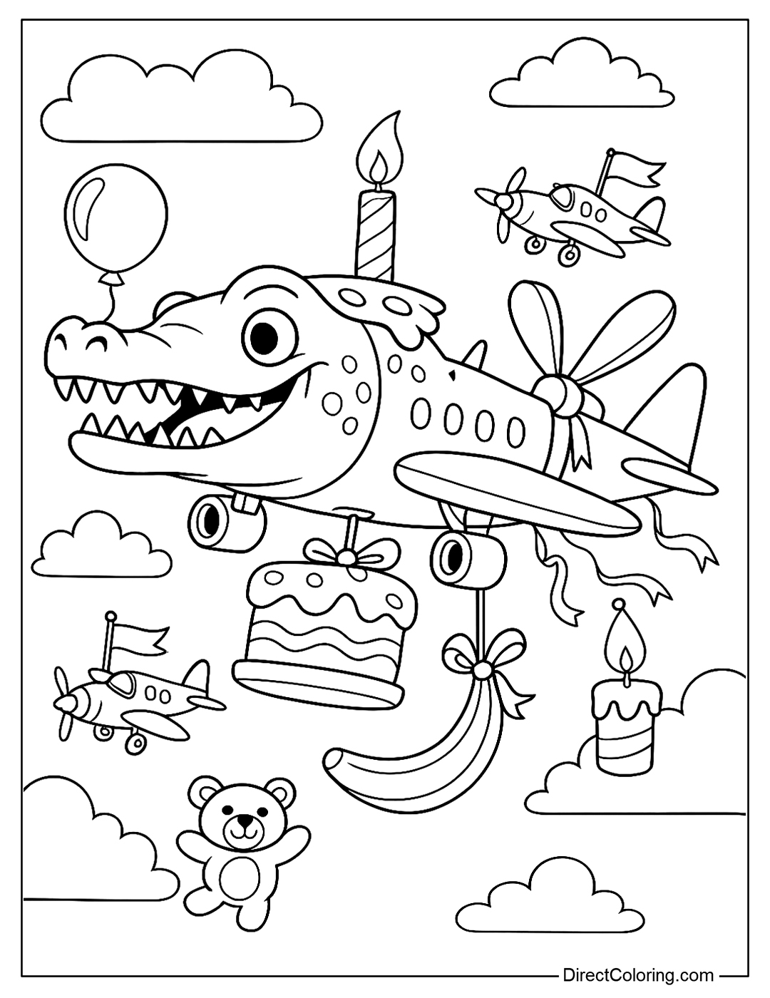 Bombardiro Crocodilo in a Birthday Parade Coloring Page in the sky with balloons, candles, cake