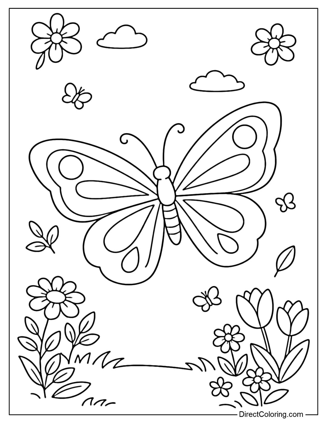A coloring page of a large butterfly with outstretched wings flying in a spring garden.