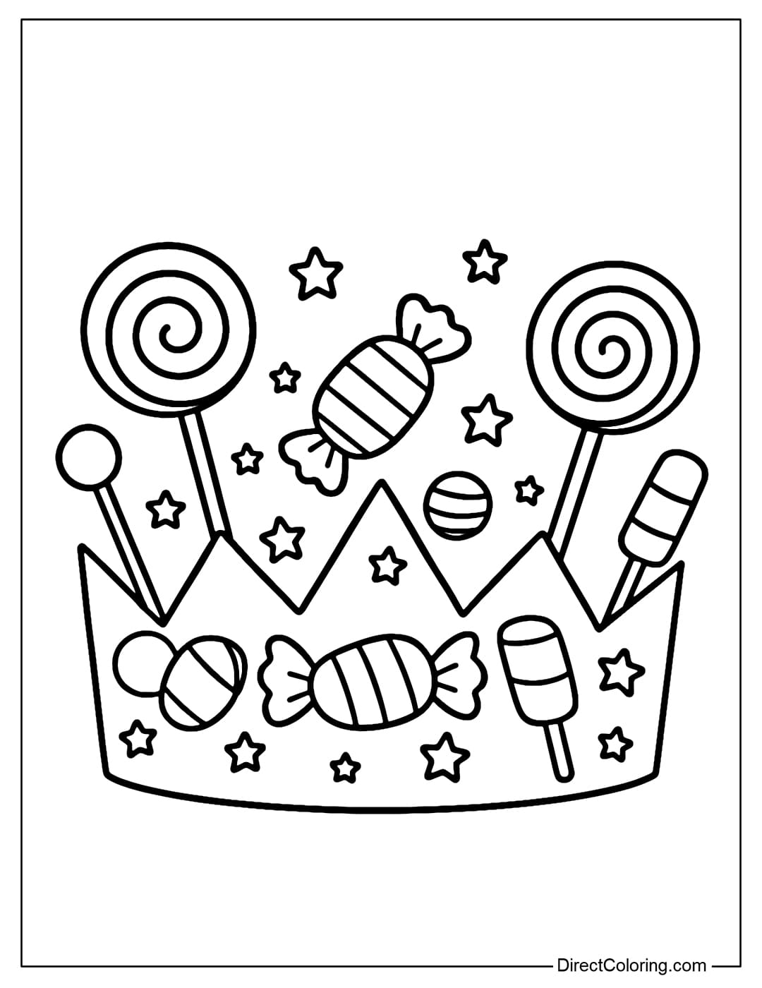 Halloween paper crown coloring page decorated with a variety of candies, interspersed with small stars.