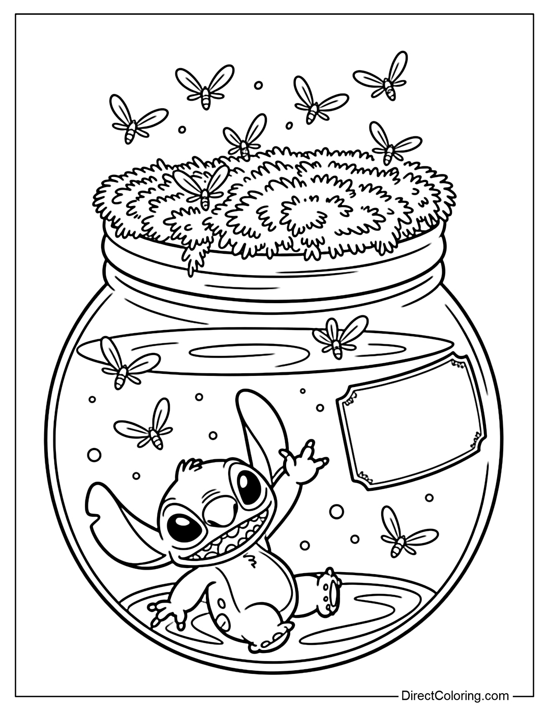 Stitch Coloring Page is in a glass jar with water, moss, and glowing fireflies.