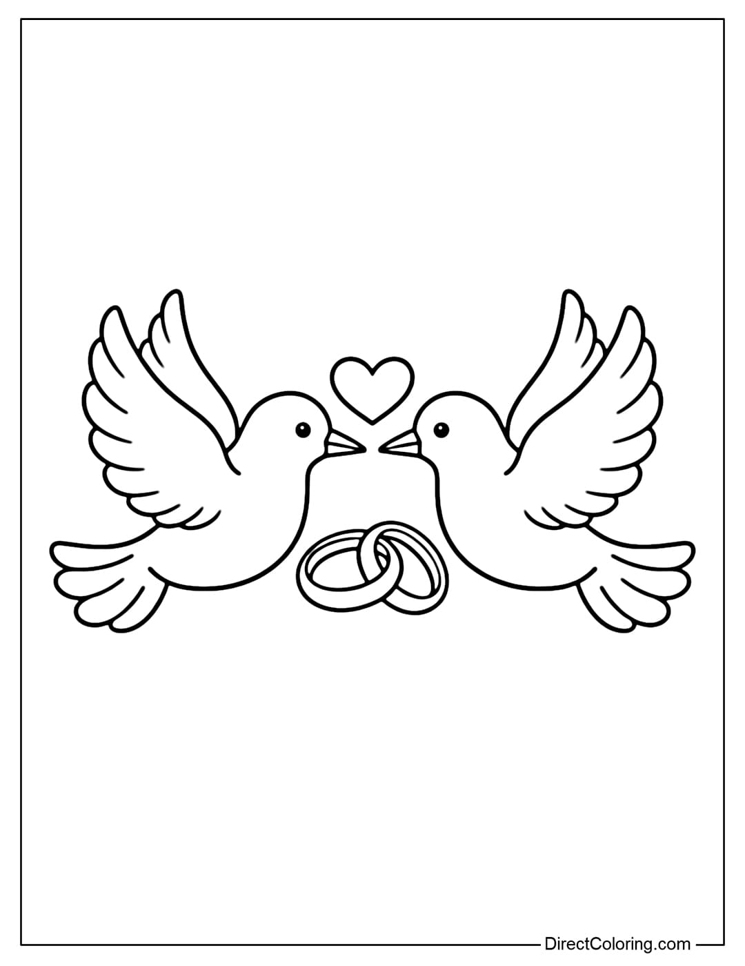 A coloring page with two doves pointing their beaks towards a small heart, with wedding rings underneath.