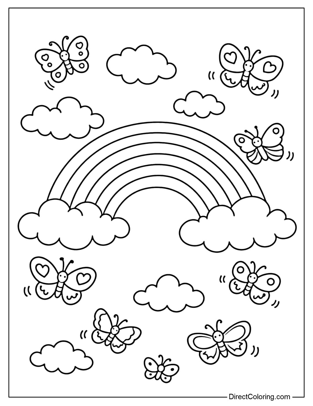A coloring page of a rainbow in the sky, surrounded by cute butterflies fluttering around.