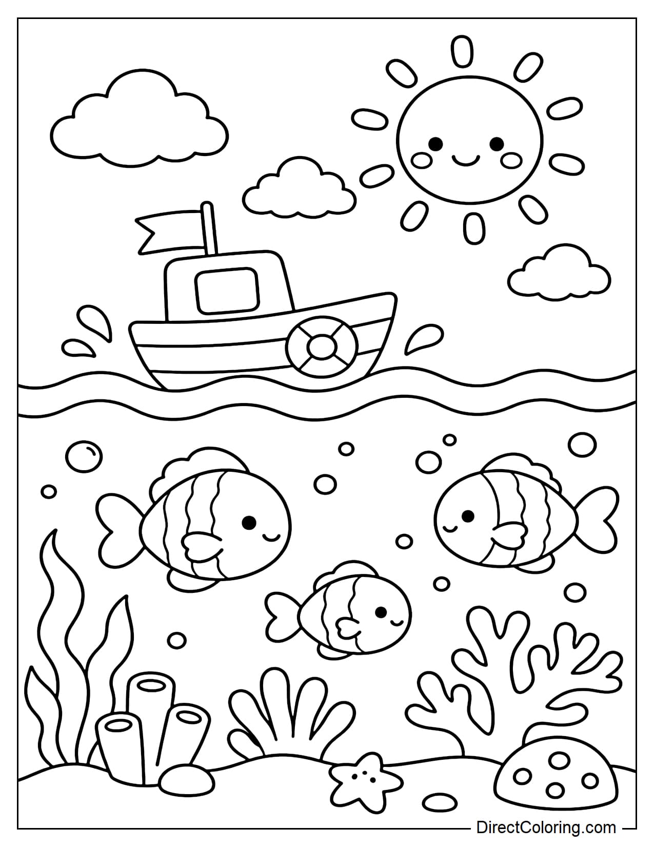A scene divided into above and below the sea, with a small boat and sun above, and fish and coral below.
