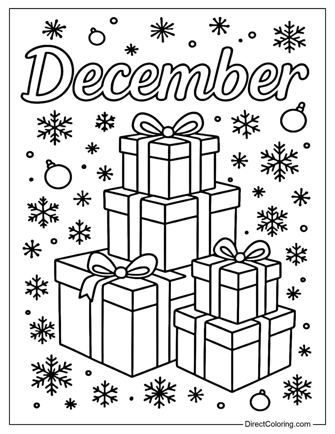 A stack of gift boxes of various sizes with ribbons, with the word December written on the wall.