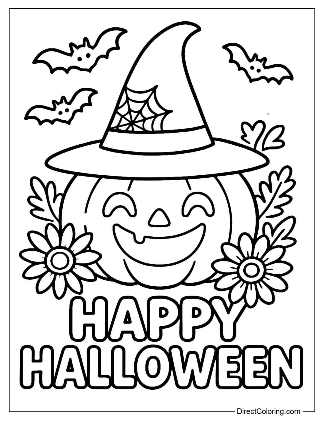 Halloween pumpkin lantern coloring page with a bright smiley face, with the words 