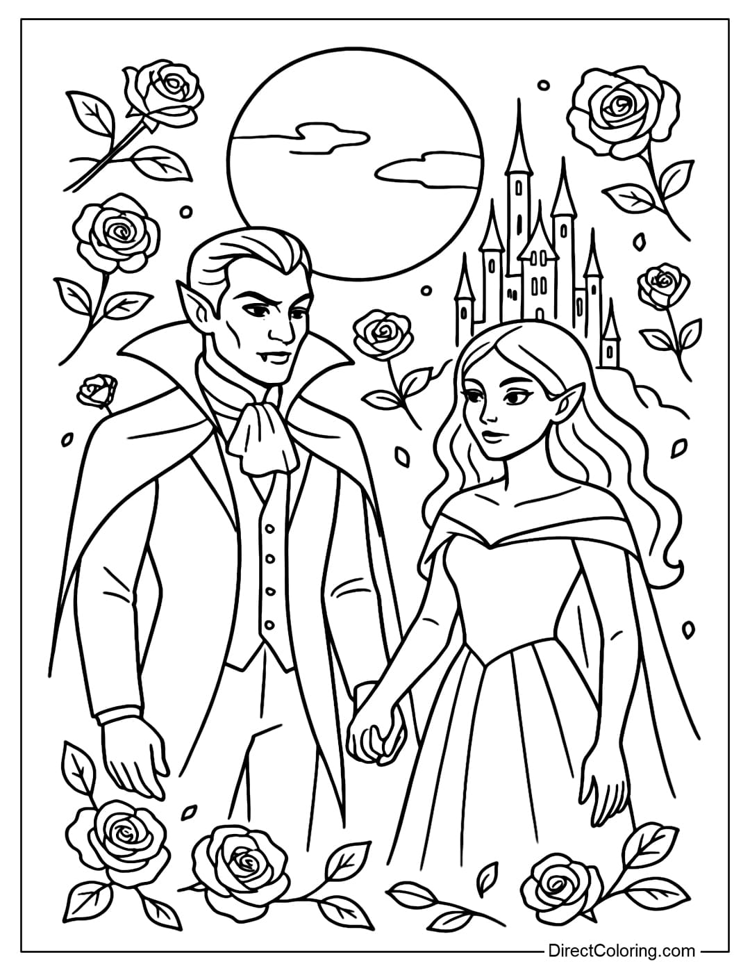 Romantic Vampire Couple Coloring Page A coloring page of a couple of vampires holding hands under the full moon, a gothic castle in the distance, roses flying around.