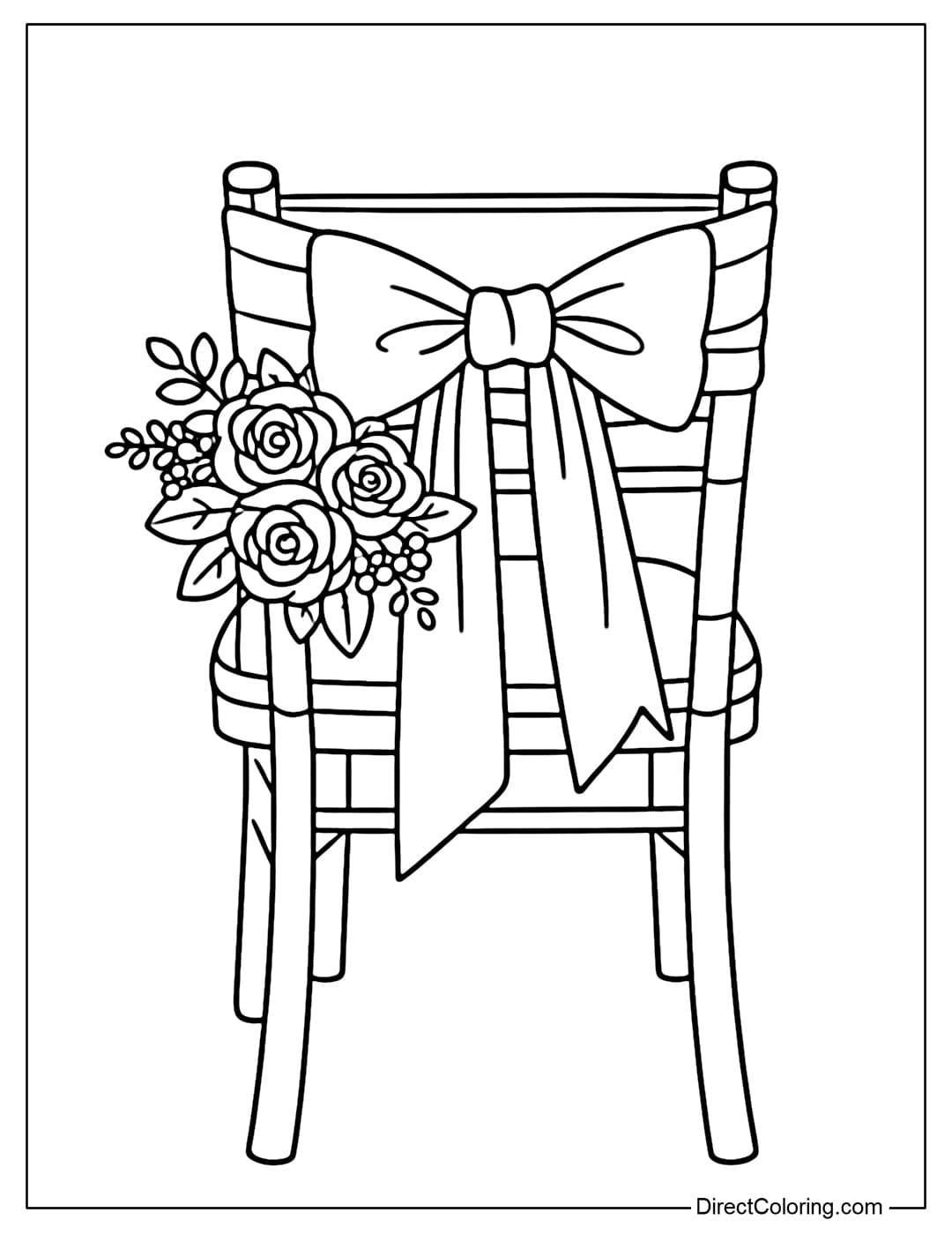 Coloring page of a wedding chair decorated with bows and delicate flowers, easy to color.