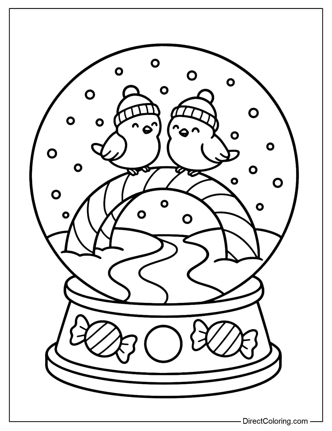 A snow globe coloring page featuring a curved bridge made of striped candy canes, with an icy stream underneath, and two little birds wearing woolen hats standing on the bridge.