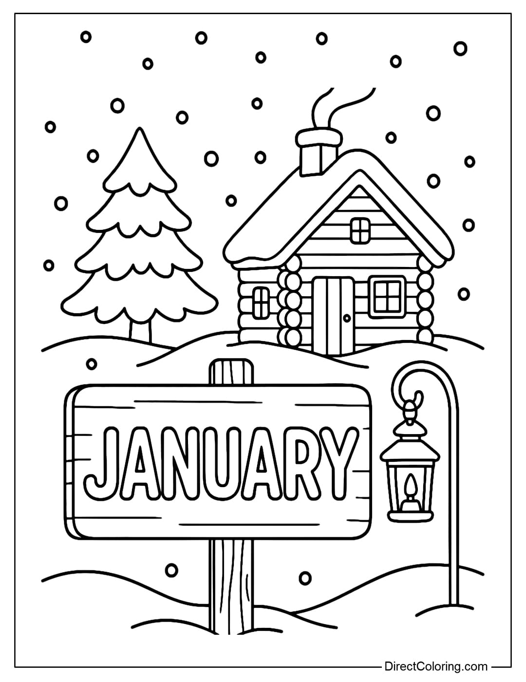 A coloring page with the word JANUARY placed on a small wooden board in the foreground, with a snowy cabin scene with a pine tree and a lantern in the background.