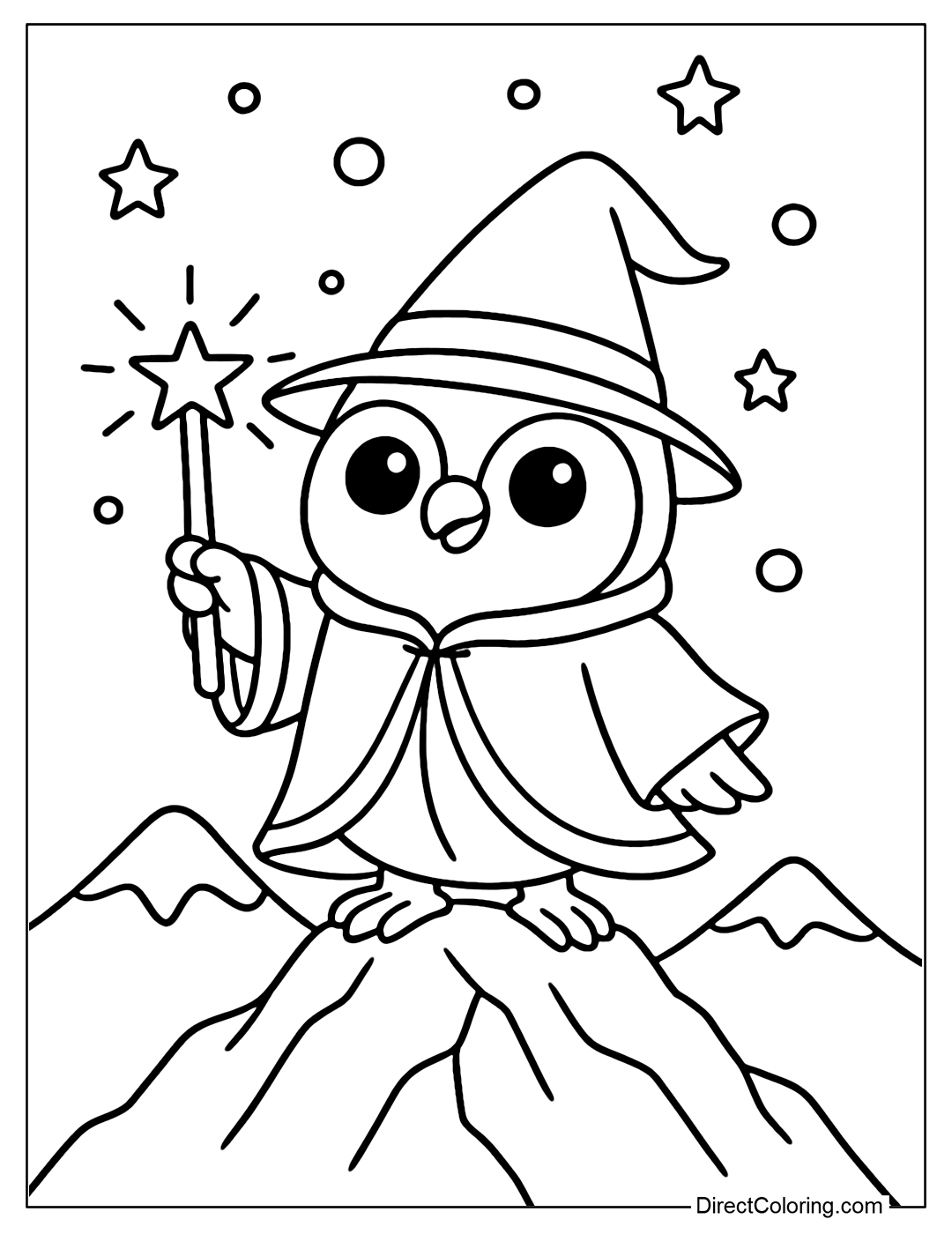 Coloring page of an owl wearing a wizard's robe, wearing a pointed hat, holding a glowing staff, standing on the top of a mountain under the stars.