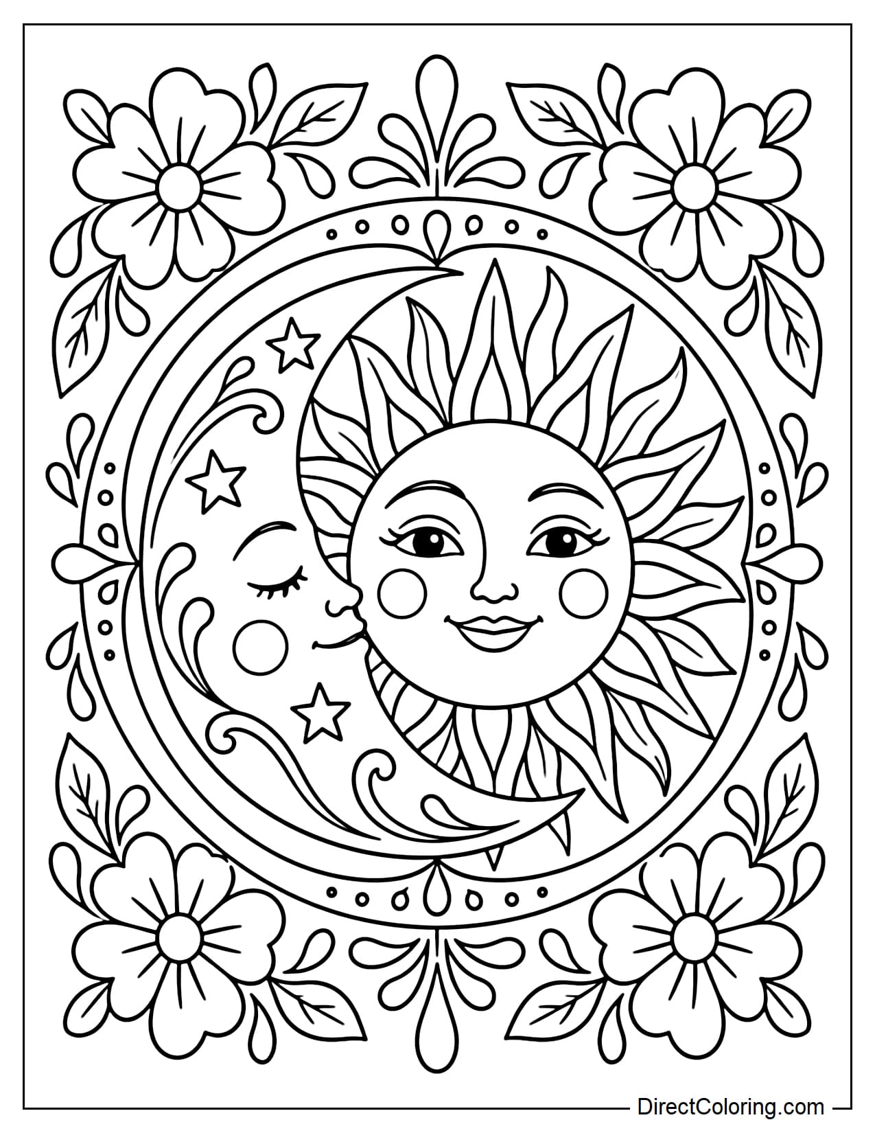 A smiling sun with large rays overlaps a crescent moon with peacefully closed eyes. Flowers, leaves, and teardrop-shaped patterns surround them in a balanced composition inspired by Mexican folk art.