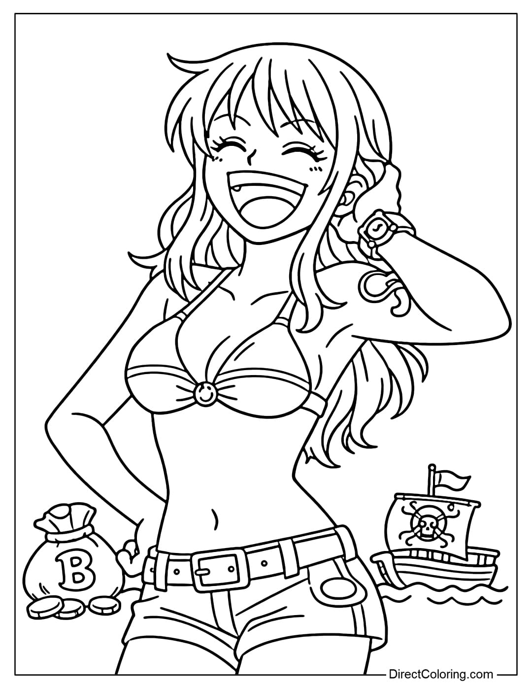 Nami laughing happily, with a small pirate ship and a small bag of gold coins behind her.