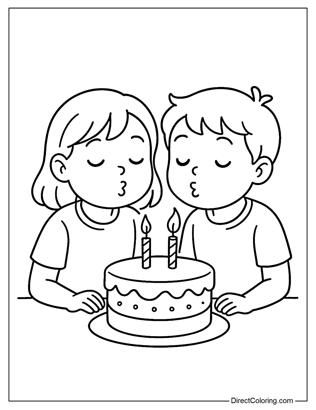 Coloring page of two friends blowing out candles on a double birthday cake together.