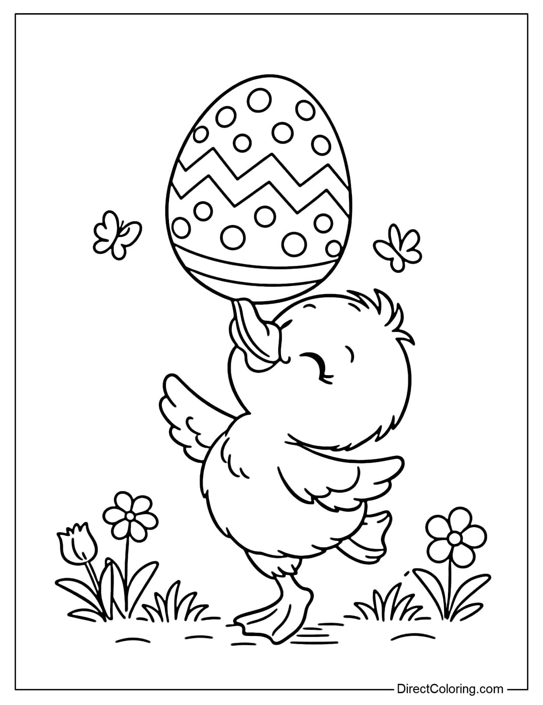 A coloring page of a cute Easter duckling standing on tiptoe, balancing a large Easter egg on its small beak.