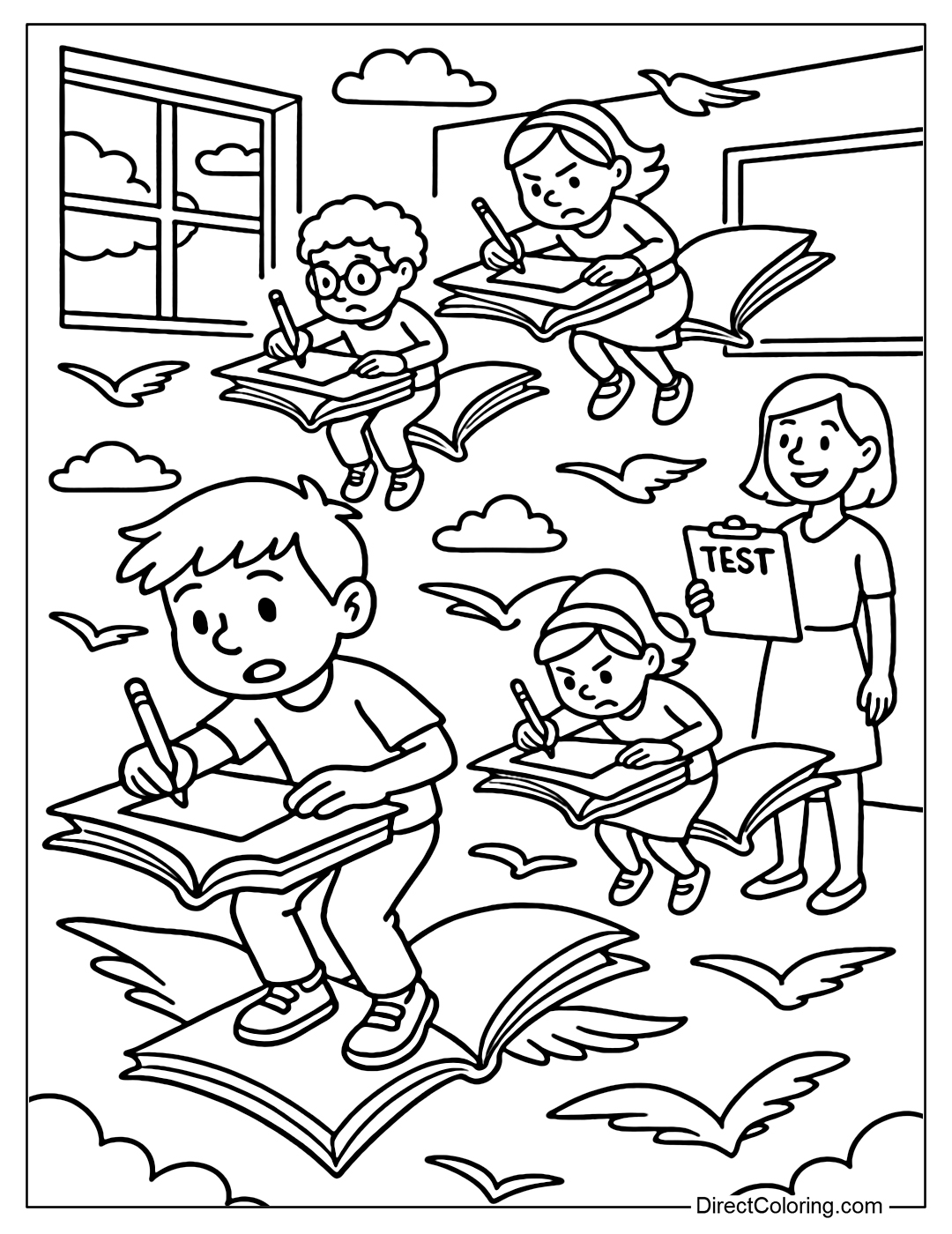 A classroom coloring page where the desks and chairs are made of flying books, students have to keep their balance while taking a test in the air.