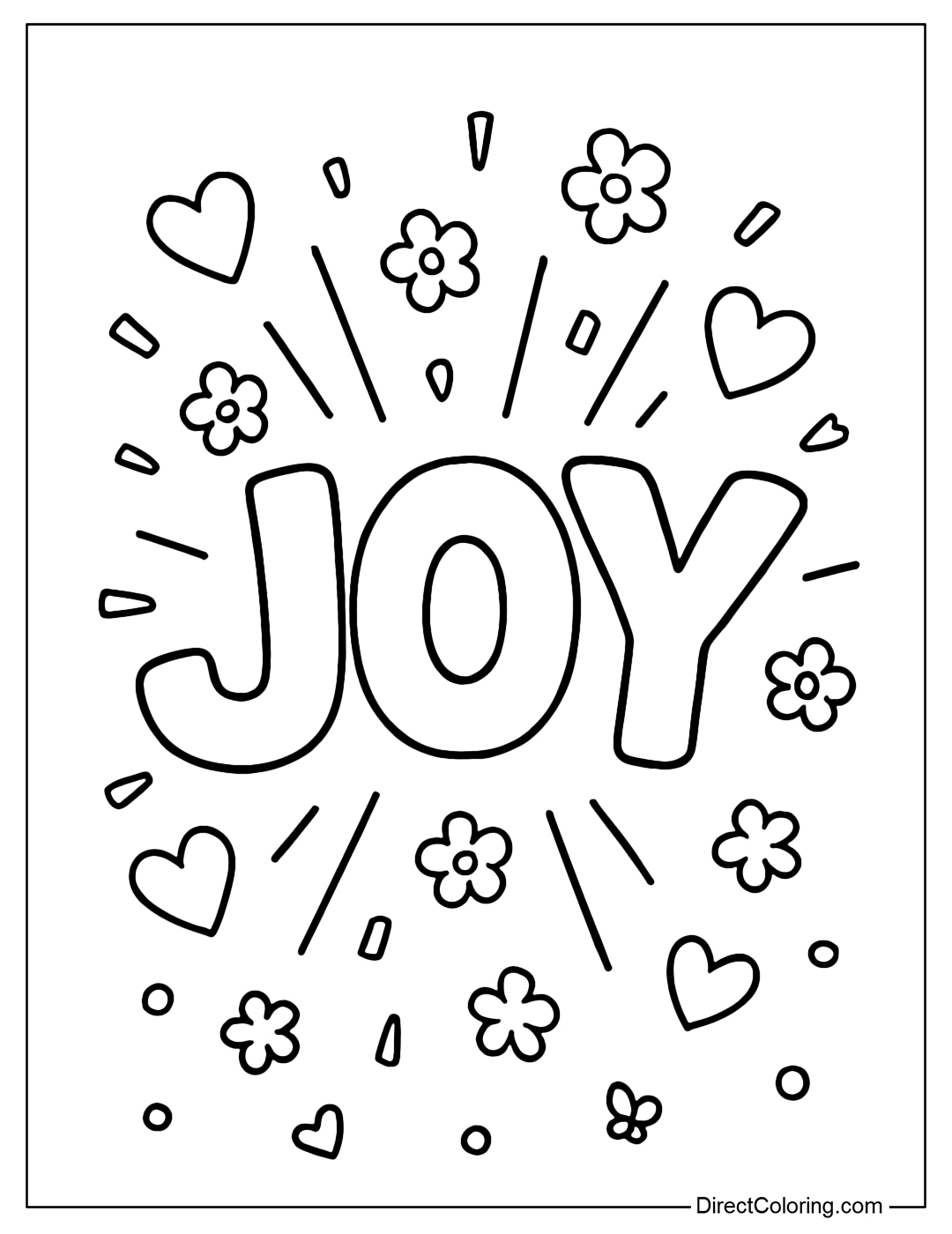 Coloring page of the word Joy, round and bursting like confetti, surrounded by hearts and small flowers.