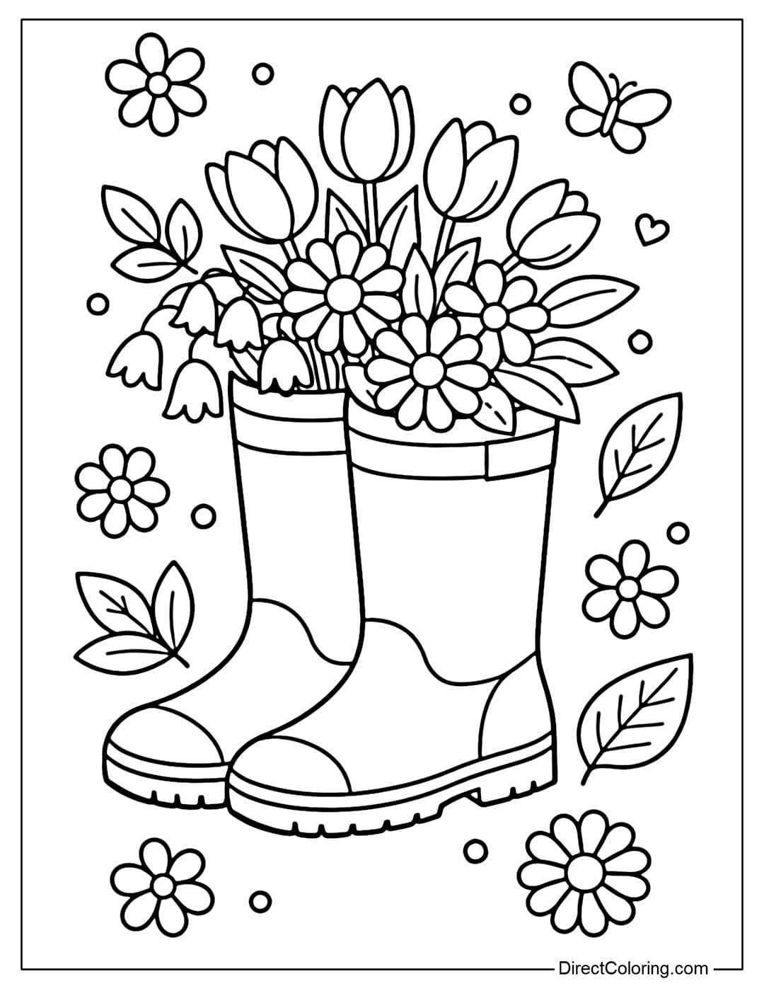 A coloring page of spring boots in the center with spring flowers growing inside, decorated with a few flowers and leaves around them.