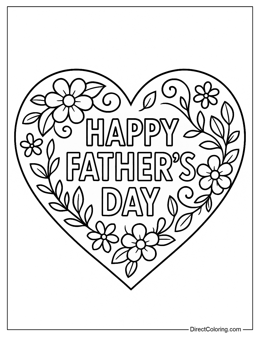 A coloring page of a heart-shaped card with the words Happy Father's Day, with patterns and a frame for coloring.