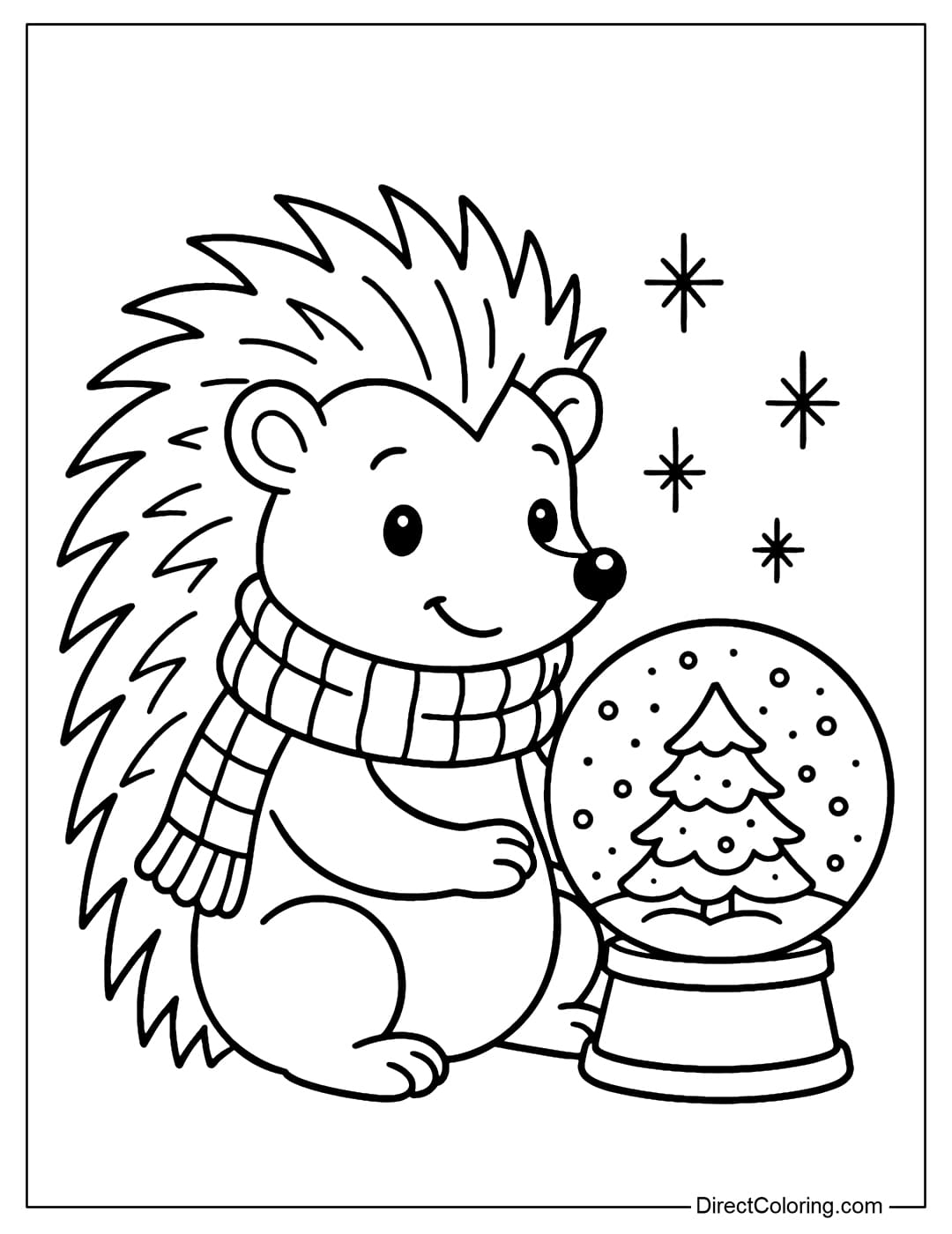 Winter Hedgehog Coloring Page A hedgehog coloring page wrapped in a scarf, sitting next to a sparkling snow globe.