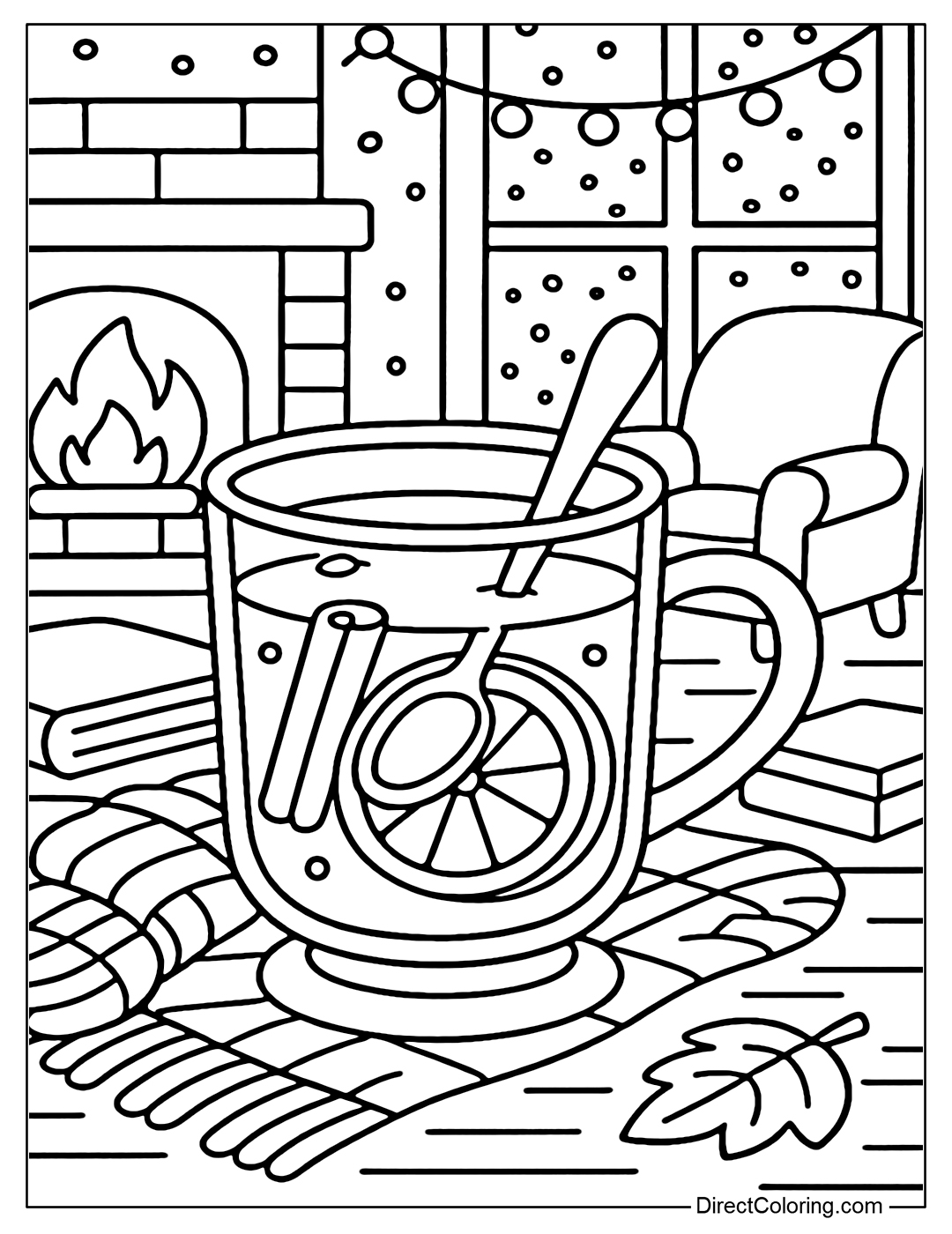 Coloring page of a transparent glass cup, placed on a wooden table near the fireplace, with a slice of lemon, a cinnamon stick and a small spoon of honey inside.