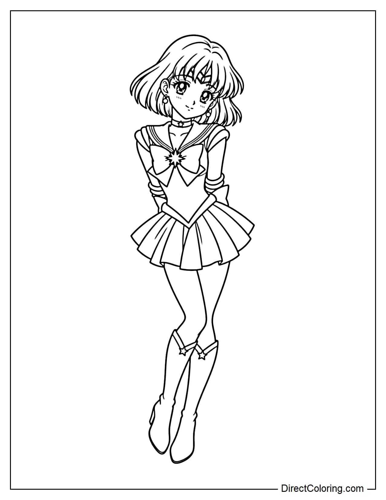 Sailor Saturn (Hotaru Tomoe) stands with her body slightly tilted, both hands placed behind her back. Her shoulders are gently drawn in, and her head tilts to one side with a shy, adorable expression. One leg is placed slightly crossed in front of the other, creating a soft and sweet pose.
