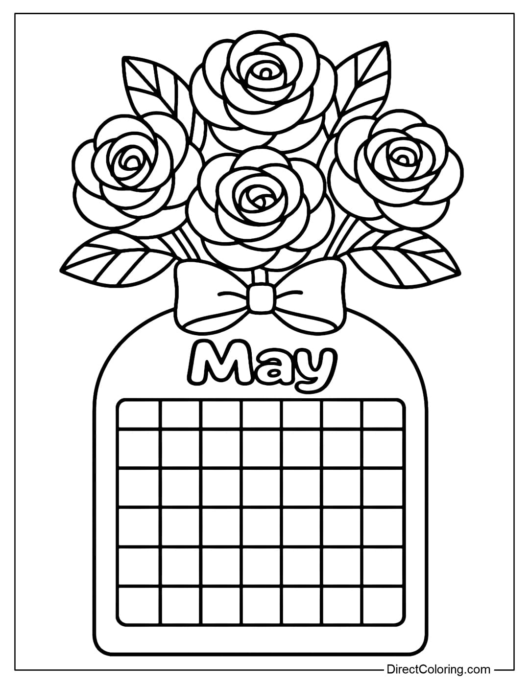 May calendar coloring page features a rounded calendar frame at the bottom and a large bouquet of roses at the top.