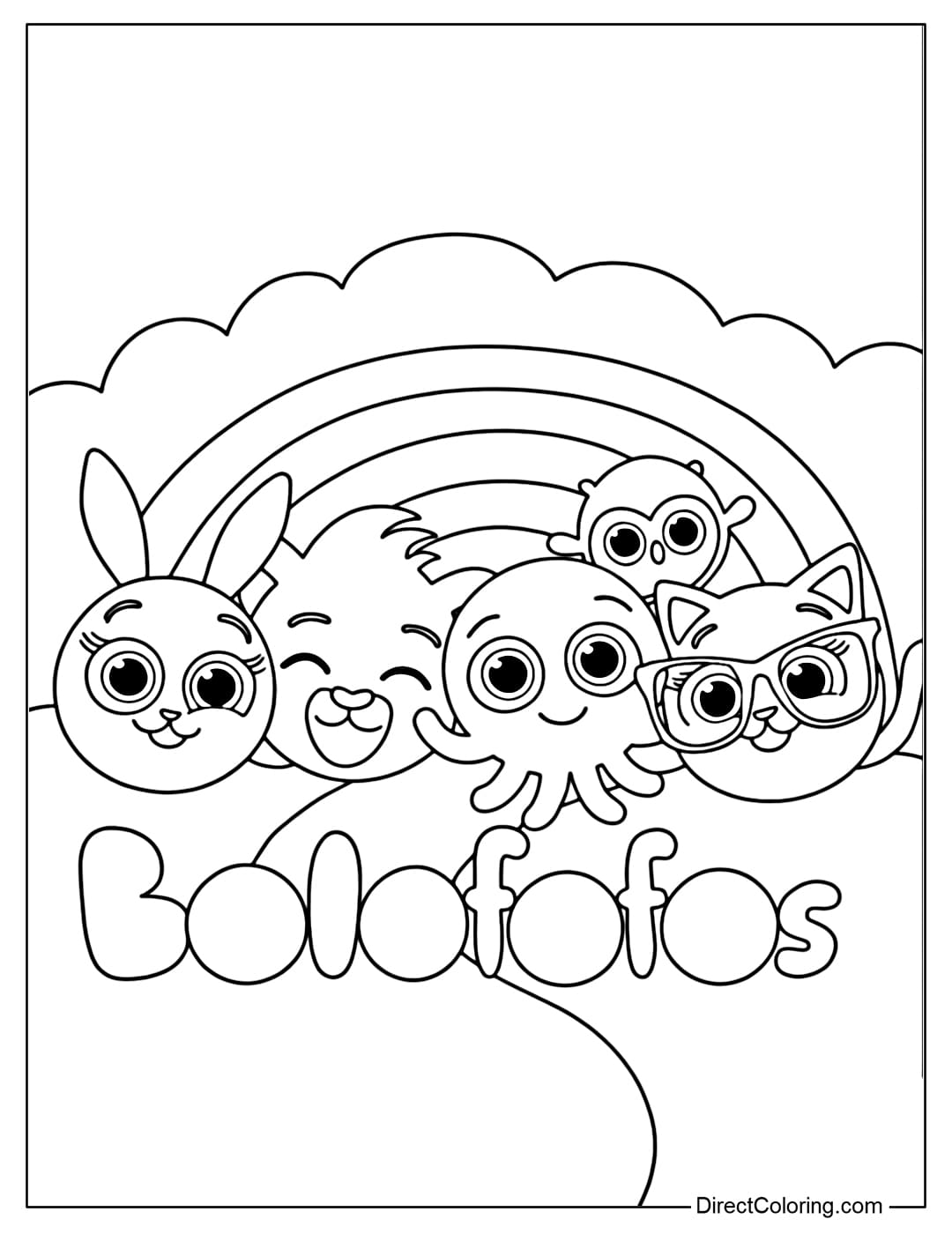Coloring page of the Bolofofos cartoon characters having fun together, behind is a bright rainbow.
