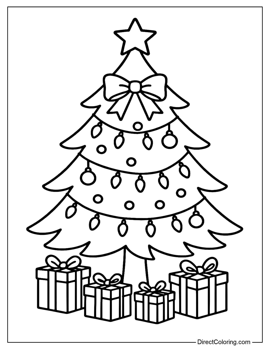 A cute Christmas tree coloring page decorated with bows, light bulbs and small balls, with a few cute gift boxes below.