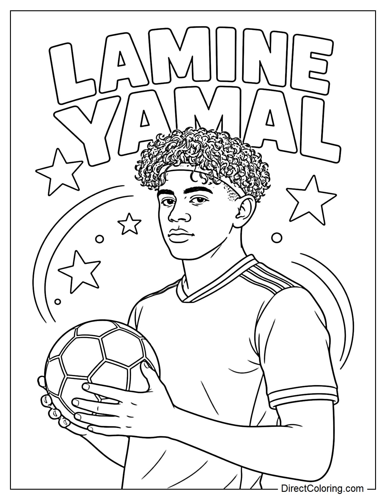 A half-body portrait of Lamine Yamal, holding a soccer ball, his signature curly hair and confident expression, with the words 