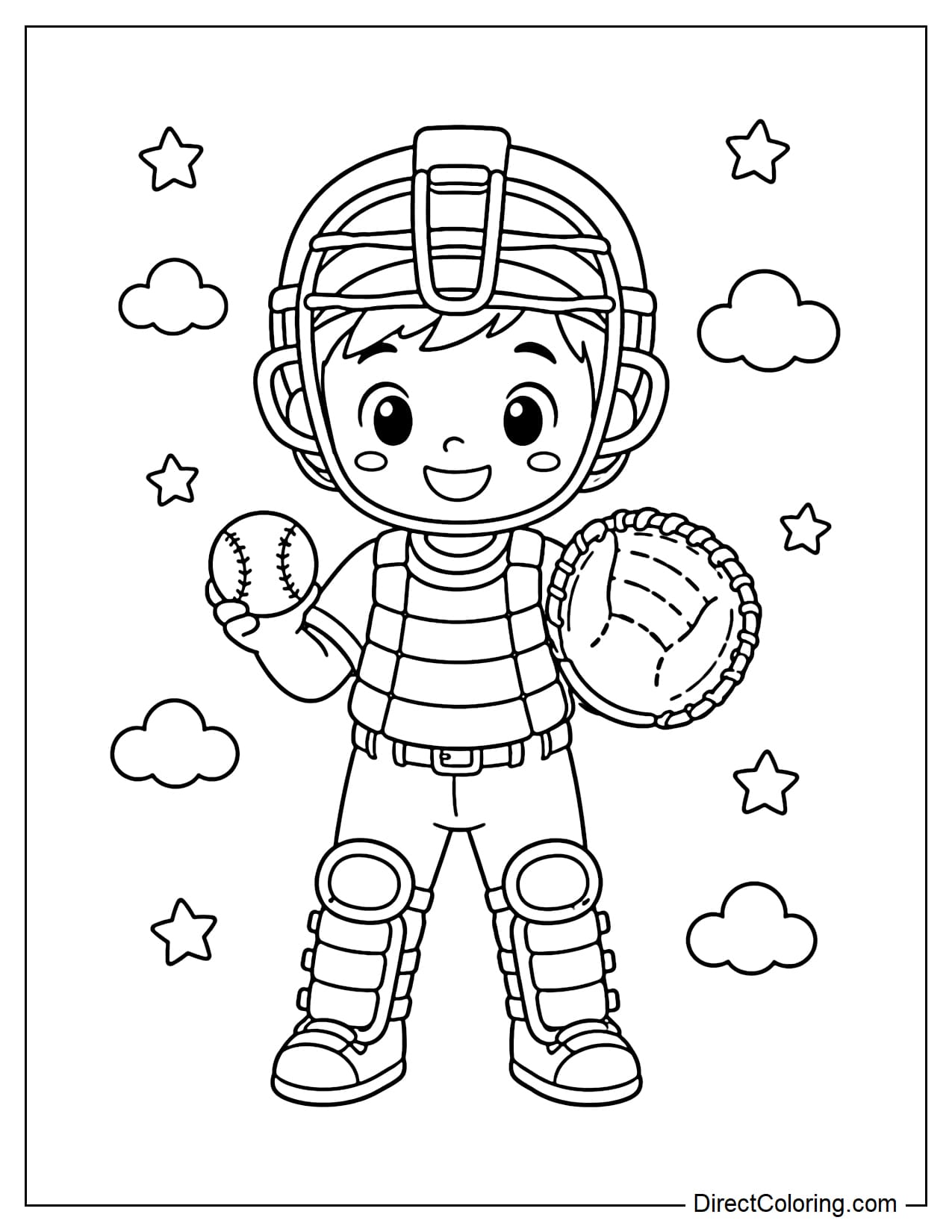 A cute little catcher is holding a baseball with a large glove, surrounded by stars and clouds.