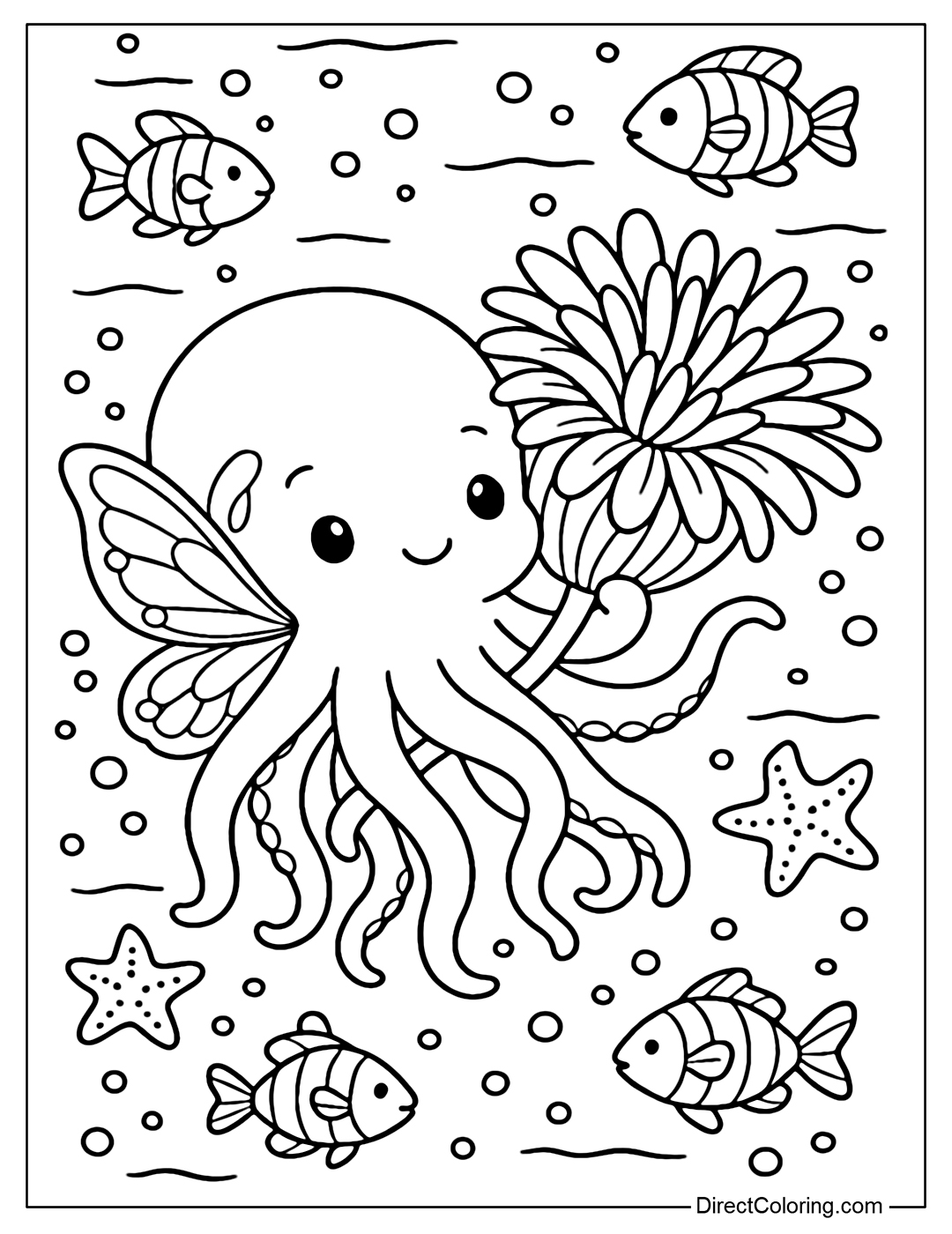 A coloring page of a cute little octopus with thin, transparent fairy wings covered with pearl patterns, holding a giant sea anemone with many soft layers of petals.
