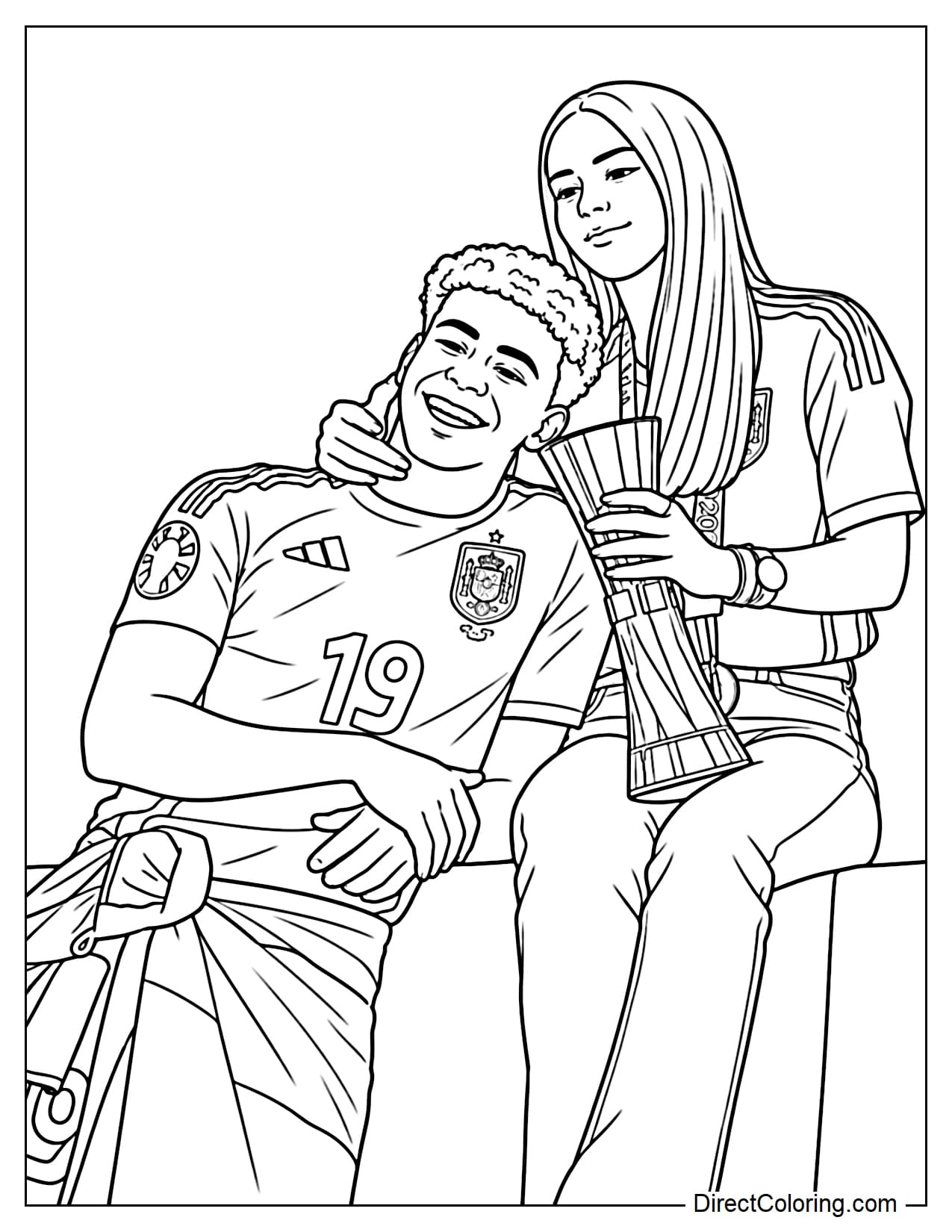 Lamine Yamal and his girlfriend are sitting next to each other during a victory celebration. Lamine Yamal is wearing a Spain national team jersey with the number 19, smiling brightly and leaning slightly against his girlfriend.