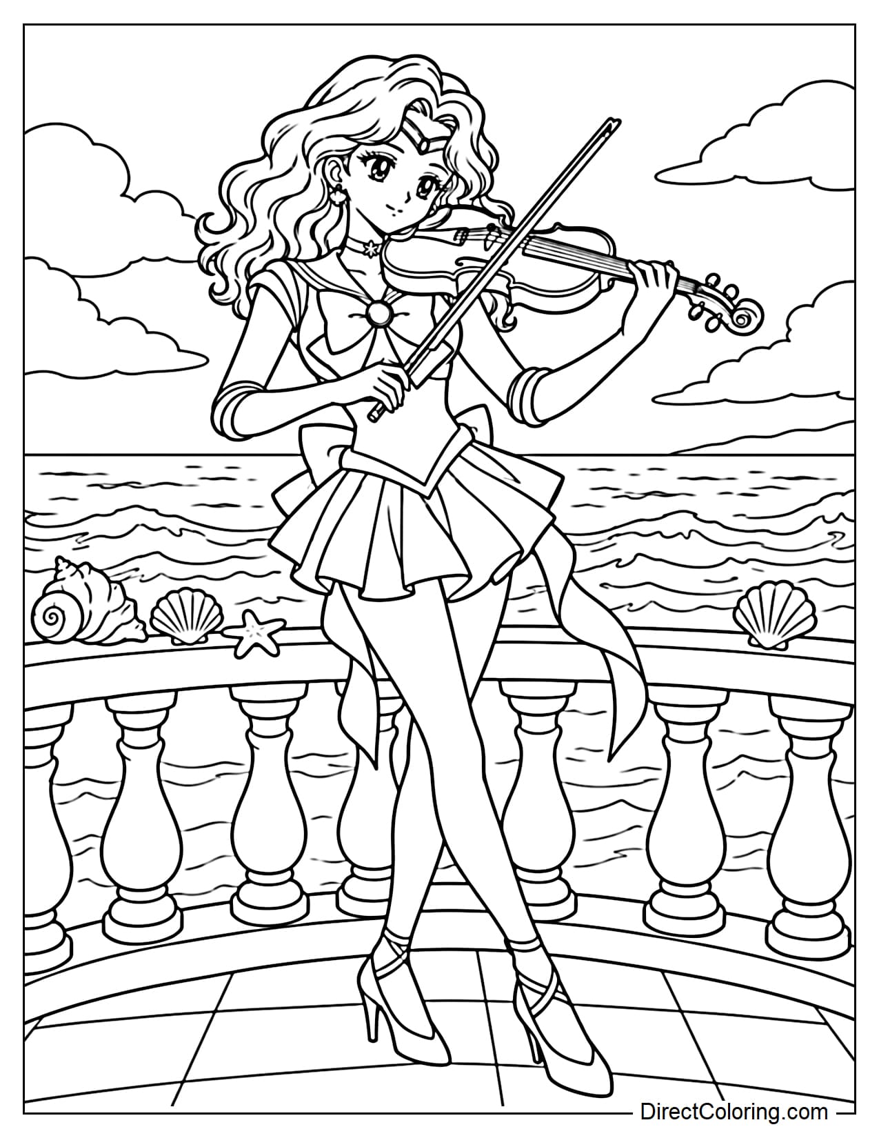 Sailor Neptune (Michiru Kaiou) stands on a small balcony overlooking the ocean, gracefully playing her violin. Behind her are the balcony railing, the sea with a few large, gentle waves, several seashells resting on the railing, and soft, fluffy clouds.