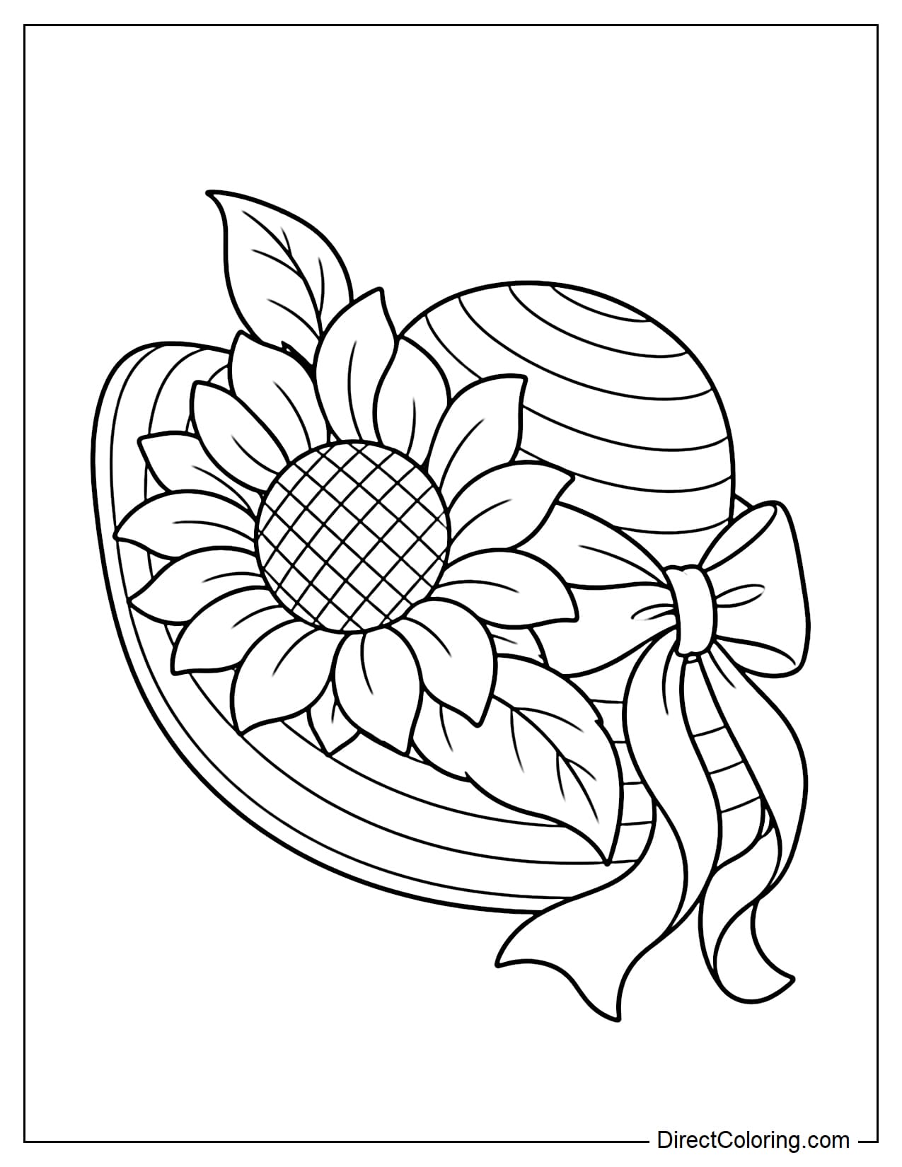 A wide-brimmed straw hat with broad horizontal stripes rests at an angle, with a large sunflower gently draping over the brim and a bow on the hat.