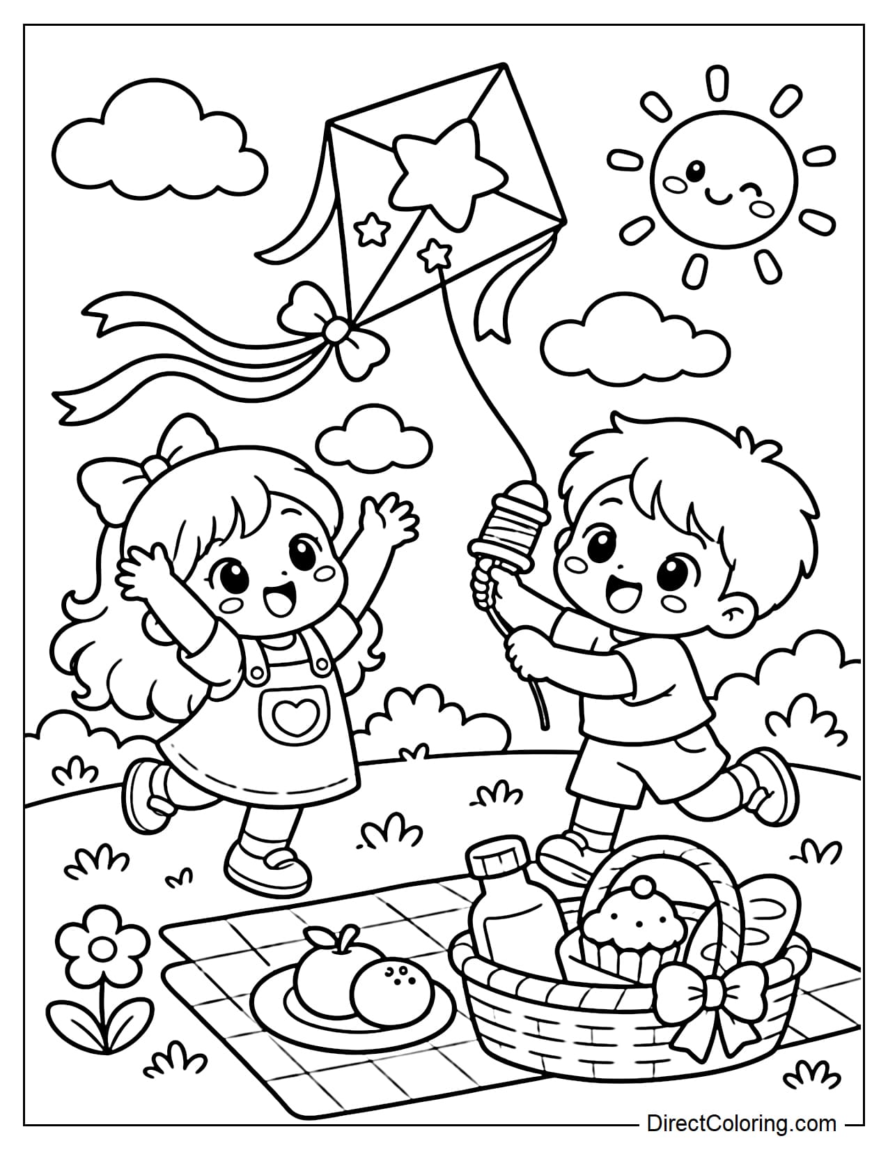 Two children are picnicking and flying kites on a wide grassy field, with some soft clouds and a small basket of cookies nearby.