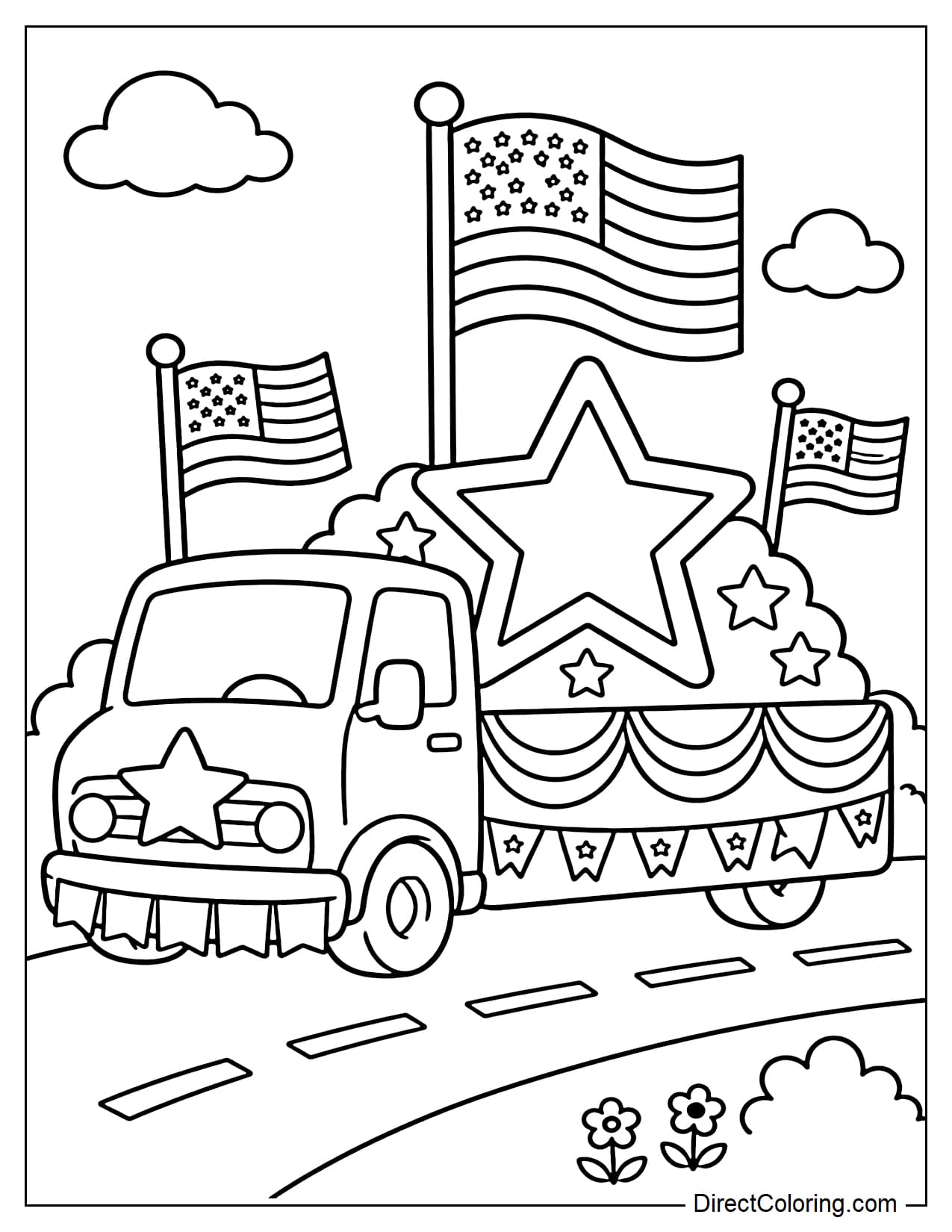 A parade float decorated with American flags, a large star, and small flags is running along a simple path.