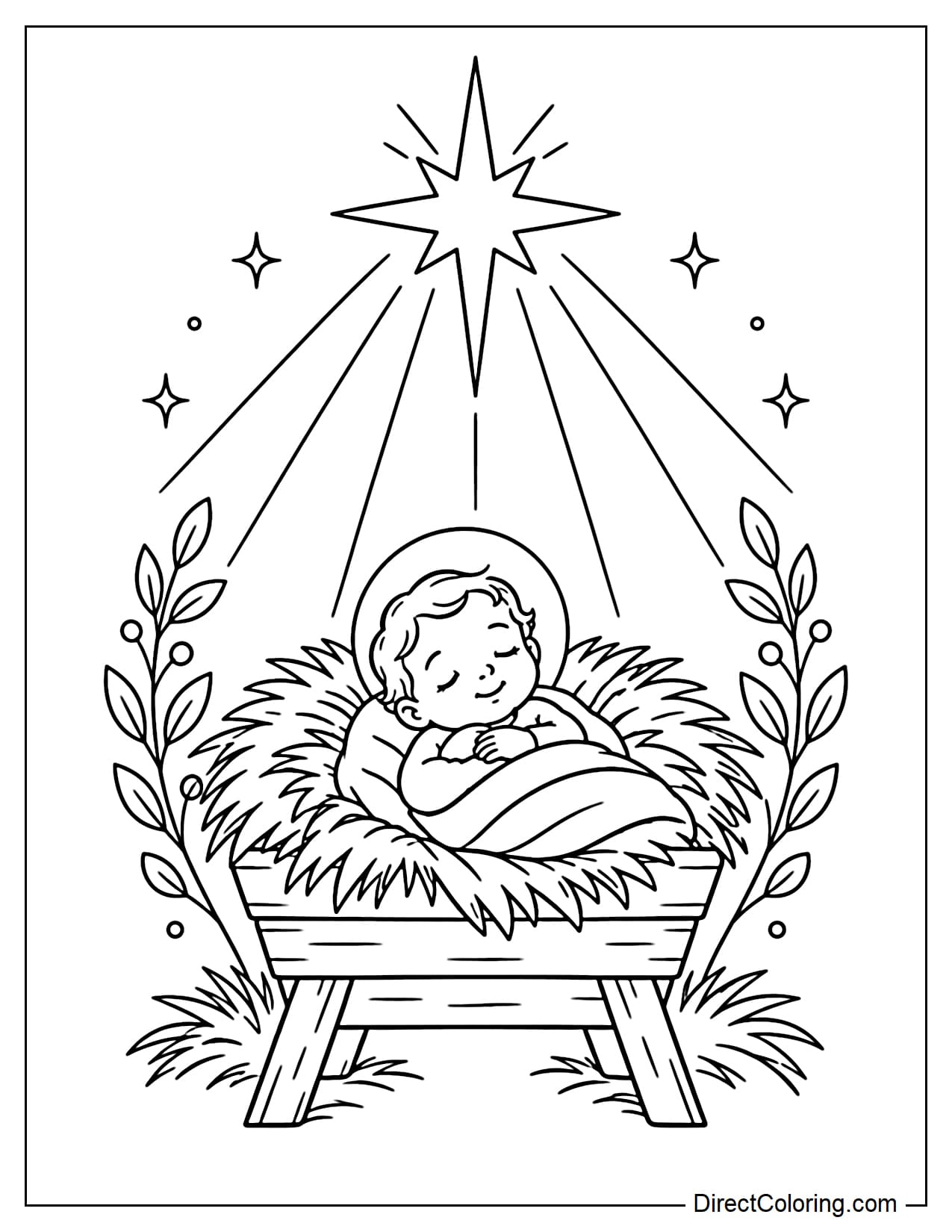 Baby Jesus lying in the manger directly beneath the large Star of Bethlehem, with a few leafy branches and pieces of straw decorating both sides.