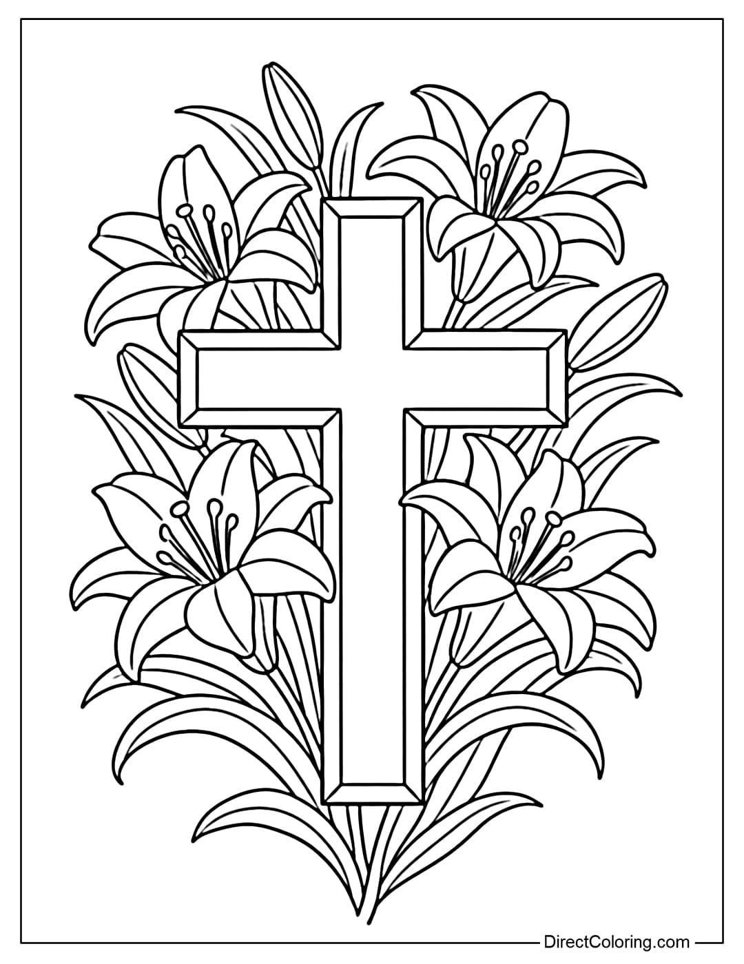 A cross coloring page surrounded by elegant lilies with gently curved leaves.