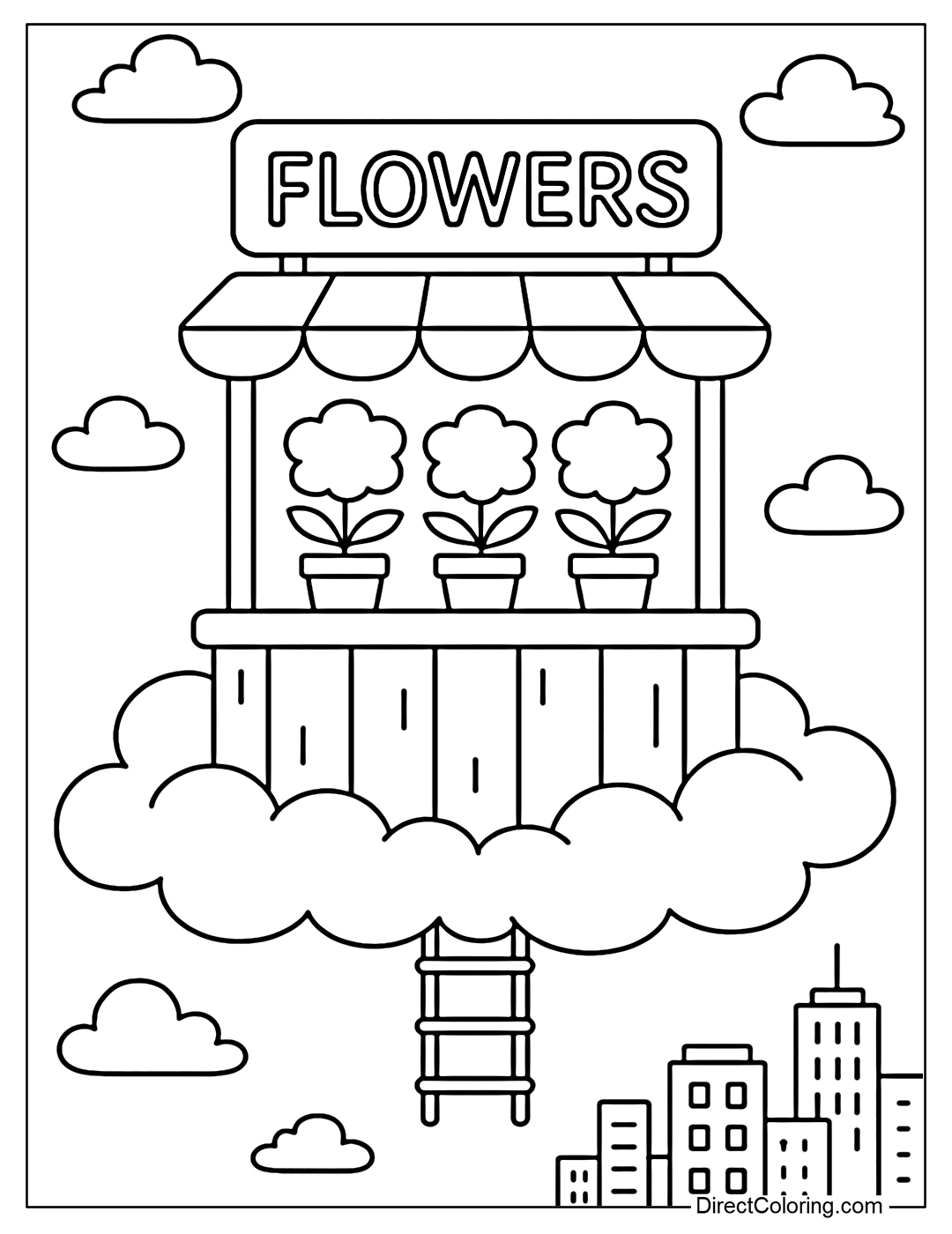 Coloring page of a flower shop floating on the clouds, flowers soft as cotton candy, rope ladders leading down to the city