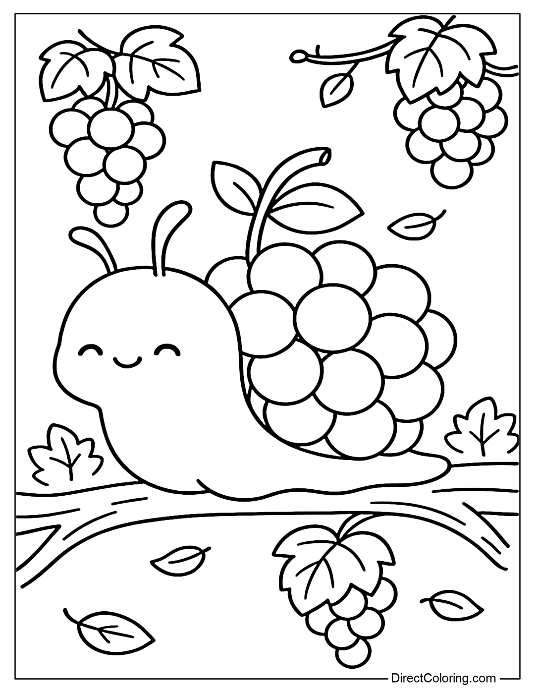 Grape Snail Coloring Page. Cute snail with a round grape shell, leaves and grape stems on its head.
