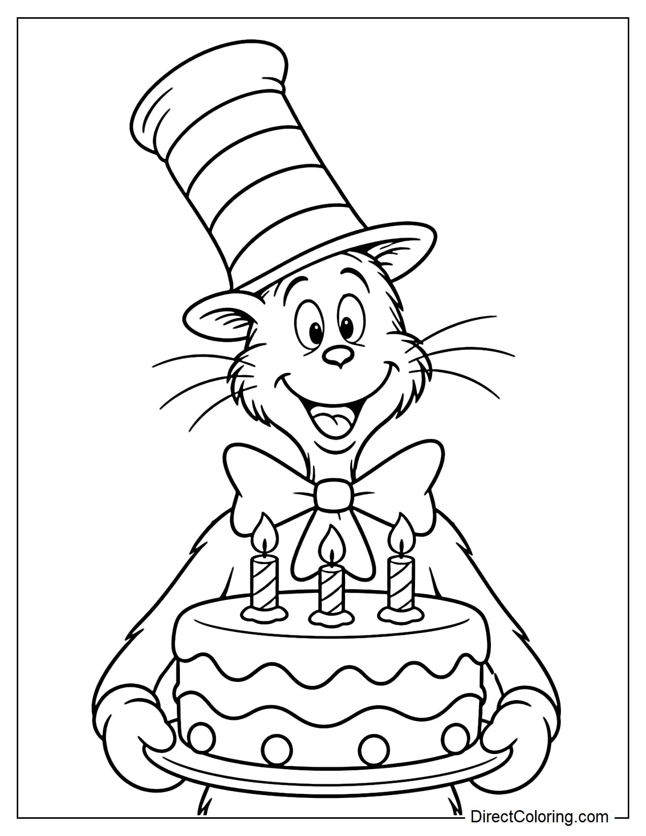The Cat in the Hat faces forward and holds a large birthday cake in front of his chest with both hands, with several large candles on top.