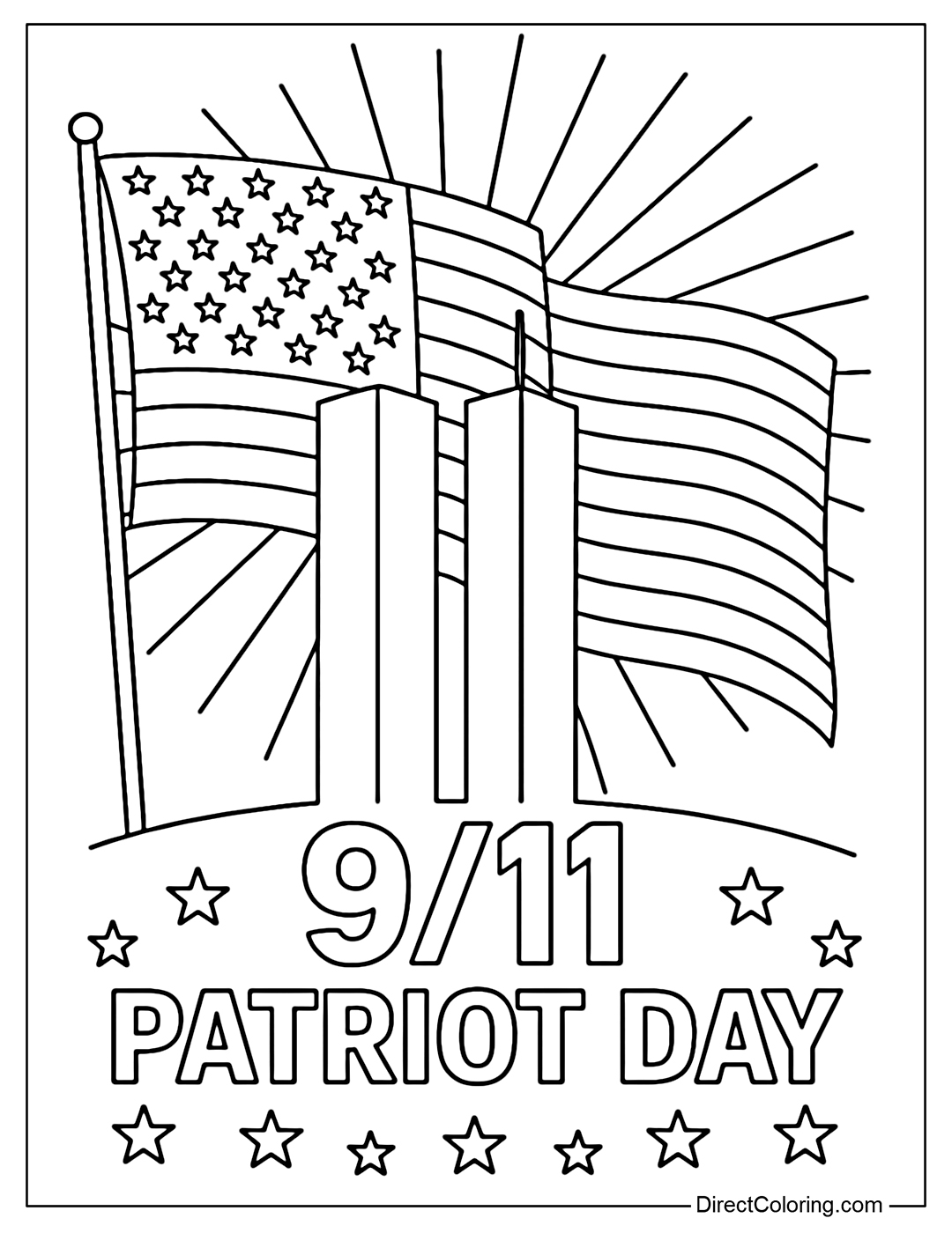 A coloring page of silhouettes of the twin towers, with the American flag behind them, a halo of light symbolizing hope, and the words 