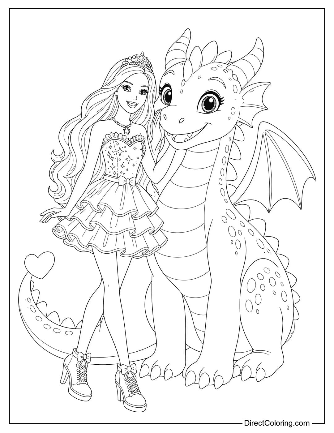 A coloring page featuring Barbie standing next to a friendly dragon.