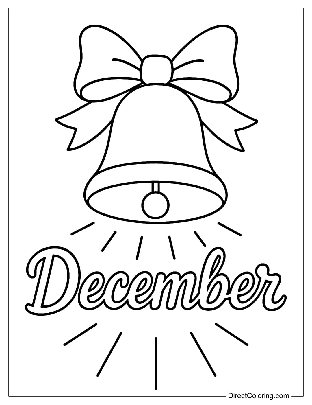 Coloring page of a golden bell and a red bow decorated with the holiday season, the word December curled under the bell with soft rays of light.