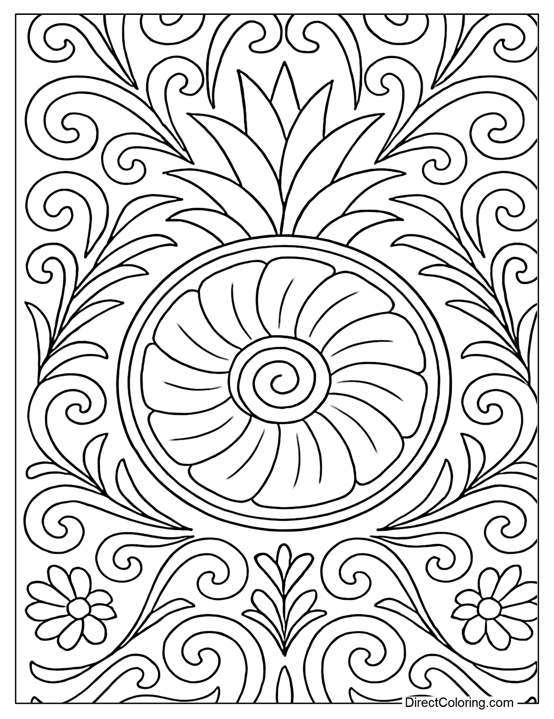 Top-down pineapple half-sliced ​​coloring page, creating a spiral pattern.