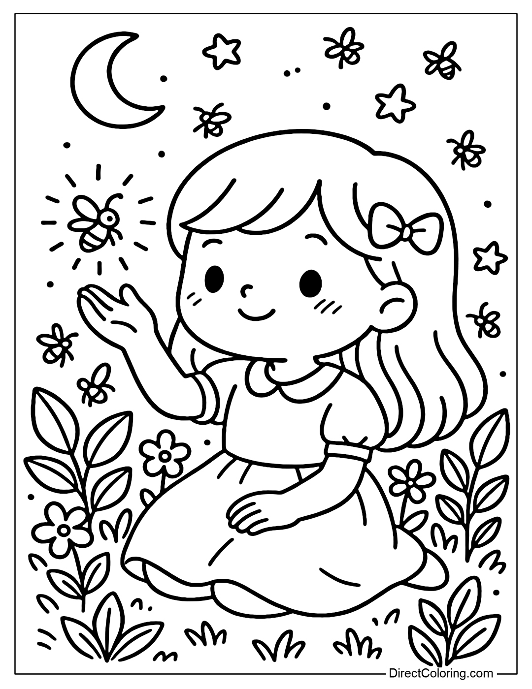 A little girl sitting in the middle of a night garden, surrounded by glowing fireflies. The little girl smiled and gently held a firefly in her hand as if she was cherishing a small but magical light.
